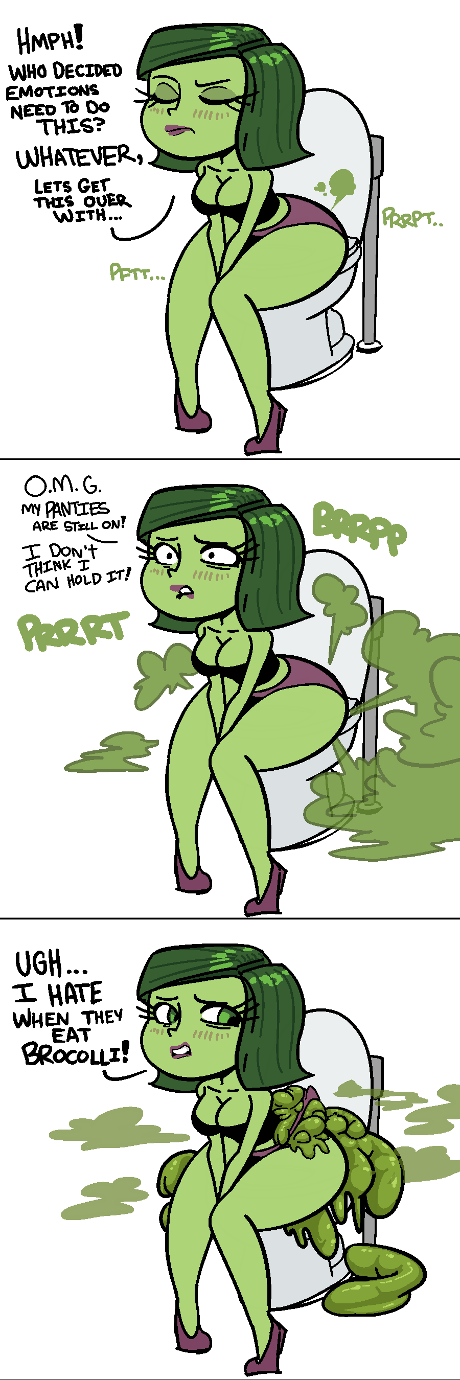 alternate version available, disgust (inside out), disney, fart, fart cloud, fart fetish, farting, farts, flatulance, green eyes, green hair, green skin, grossed out, hyper feces, hyper scat, inside out, lolotron, pooping in toilet, pooping on self, scat, scat in panties, shocked expression, toilet, wide hips