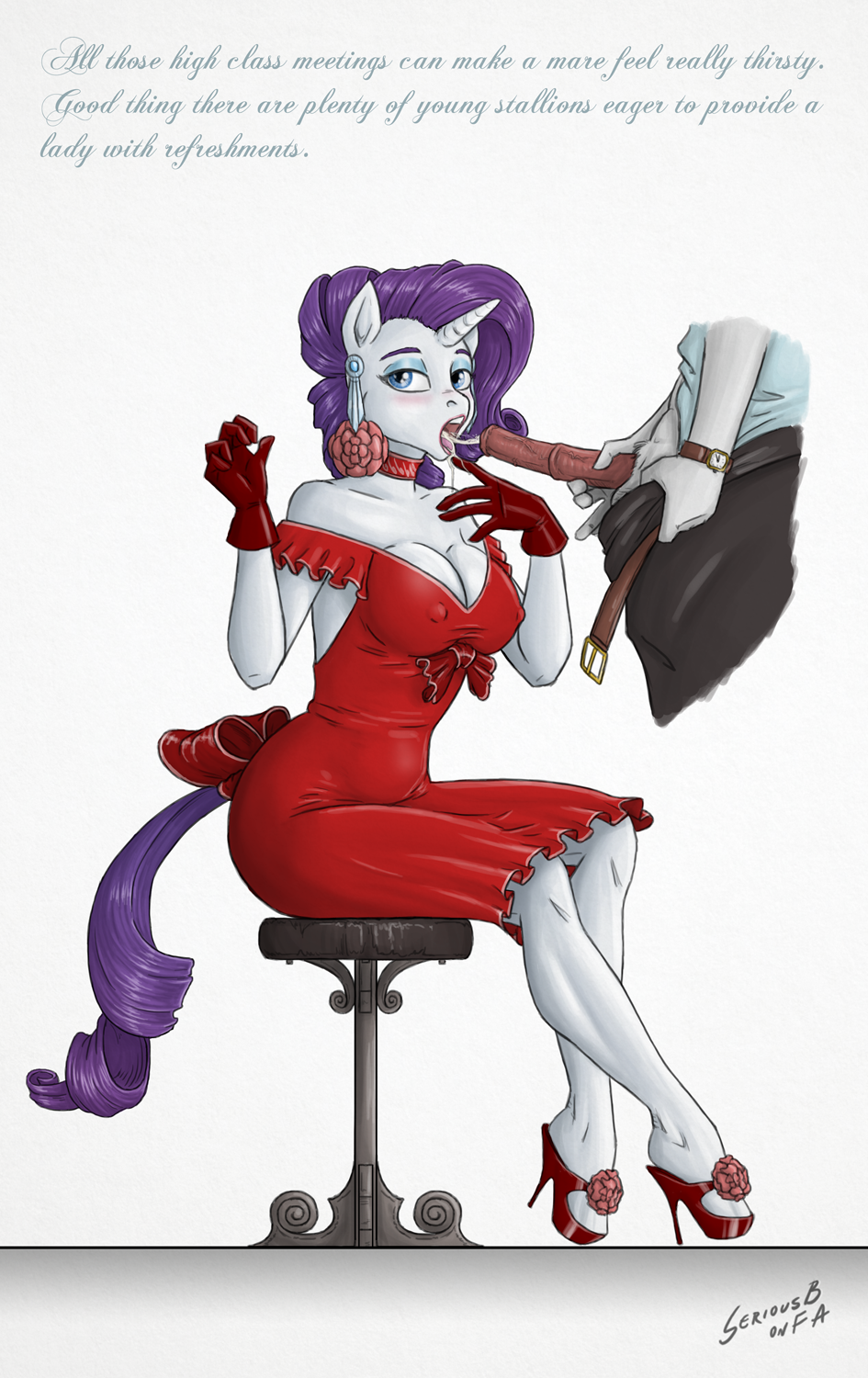 2015 anthro anthrofied belt blue_eyes blush bow clothed clothes cum cum_drinking cum_in_mouth cum_inside dialog dress duo english_text equine eyeshadow faceless_male female friendship_is_magic gloves hair hand_on_penis high_heeled_shoes high_heels horn makeup male mammal my_little_pony open_mouth purple_hair rarity_(mlp) red_dress red_high_heeled_shoes seriousb sitting stiletto stiletto_shows straight straight_hair text unicorn white_skin wristwatch