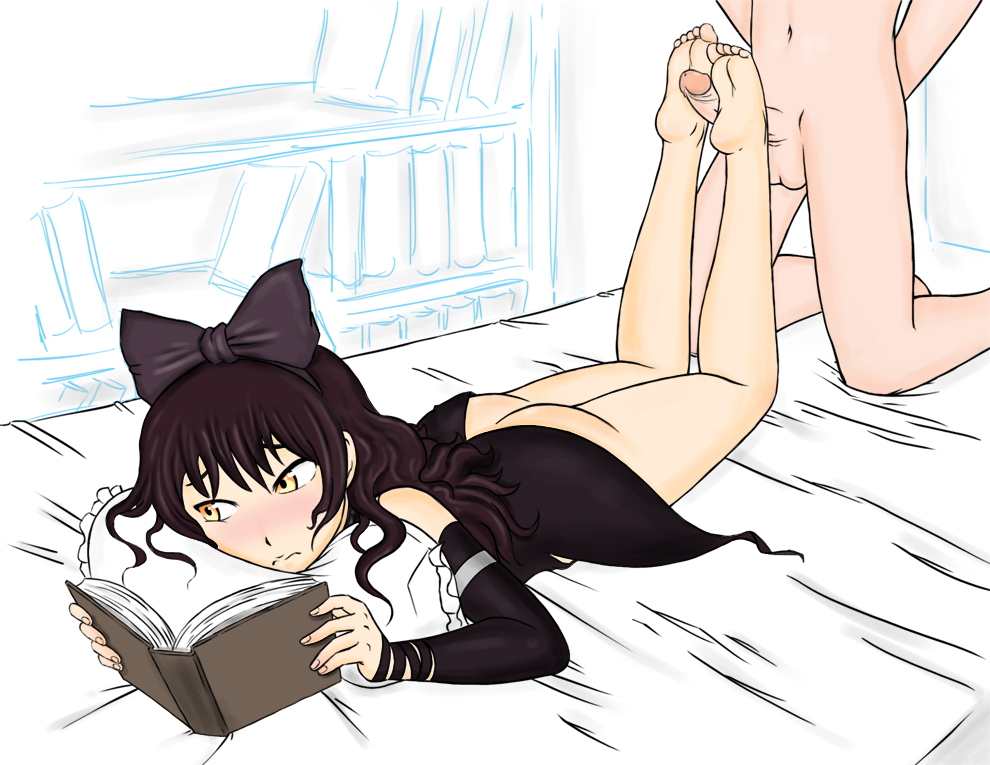 area_(artist) barefoot black_hair blake_belladonna blush book bow faceless_male feet female footjob multitasking penis rwby soles toes yellow_eyes