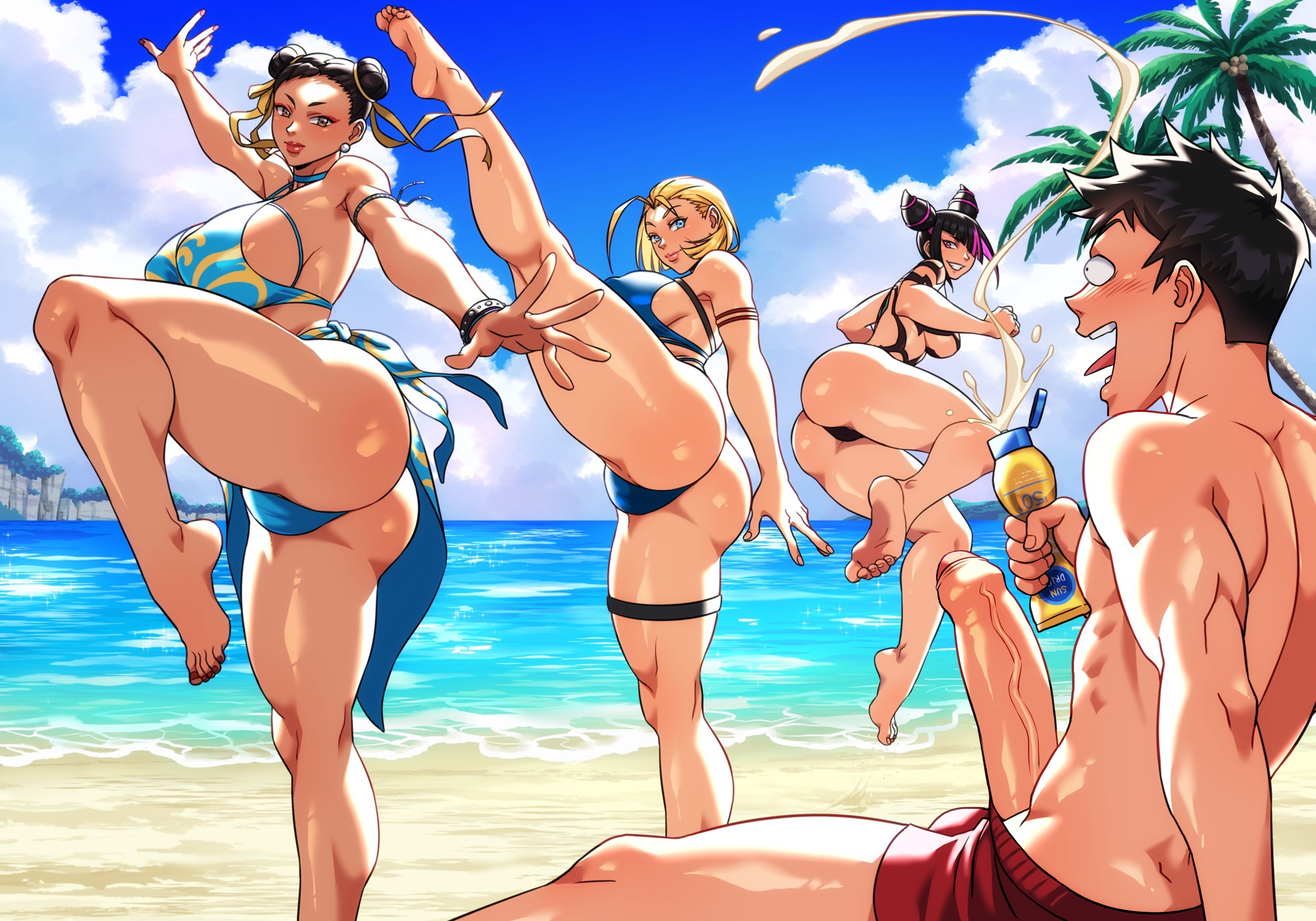 1boy, 3girls, ass, barefoot, beach, black hair, blonde hair, blush, cammy white, capcom, cfnm, chun-li, clothed female nude male, cock, edit, edited, feet, female, foreskin, huge cock, ichan, juri han, male, ocean, only one naked, pandaah edits, partially retracted foreskin, penis, retracted foreskin, sand, street fighter, street fighter 6, street fighter ii, street fighter iv, third-party edit, troy (ignitioncrisis), uncircumcised, uncut