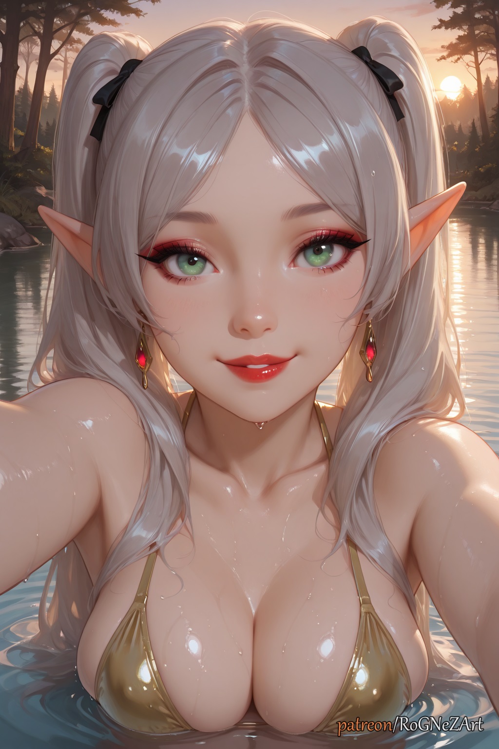 2025, ai generated, bangs, bare shoulders, bikini, black ribbon, blush, bow, breasts, cleavage, collarbone, earrings, elf, eyelashes, female, female focus, female only, frieren, gold bikini, green eyes, hair ribbon, hairbow, jewelry, large breasts, lips, long hair, looking at viewer, makeup, mascara, medium breasts, outdoors, parted bangs, parted lips, partially submerged, pointy ears, red lips, reflection, ribbon, rognezart, shiny, shiny clothes, shiny skin, skindentation, sky, smile, solo, sousou no frieren, sunset, swimsuit, tree, twintails, upper body, water, wet