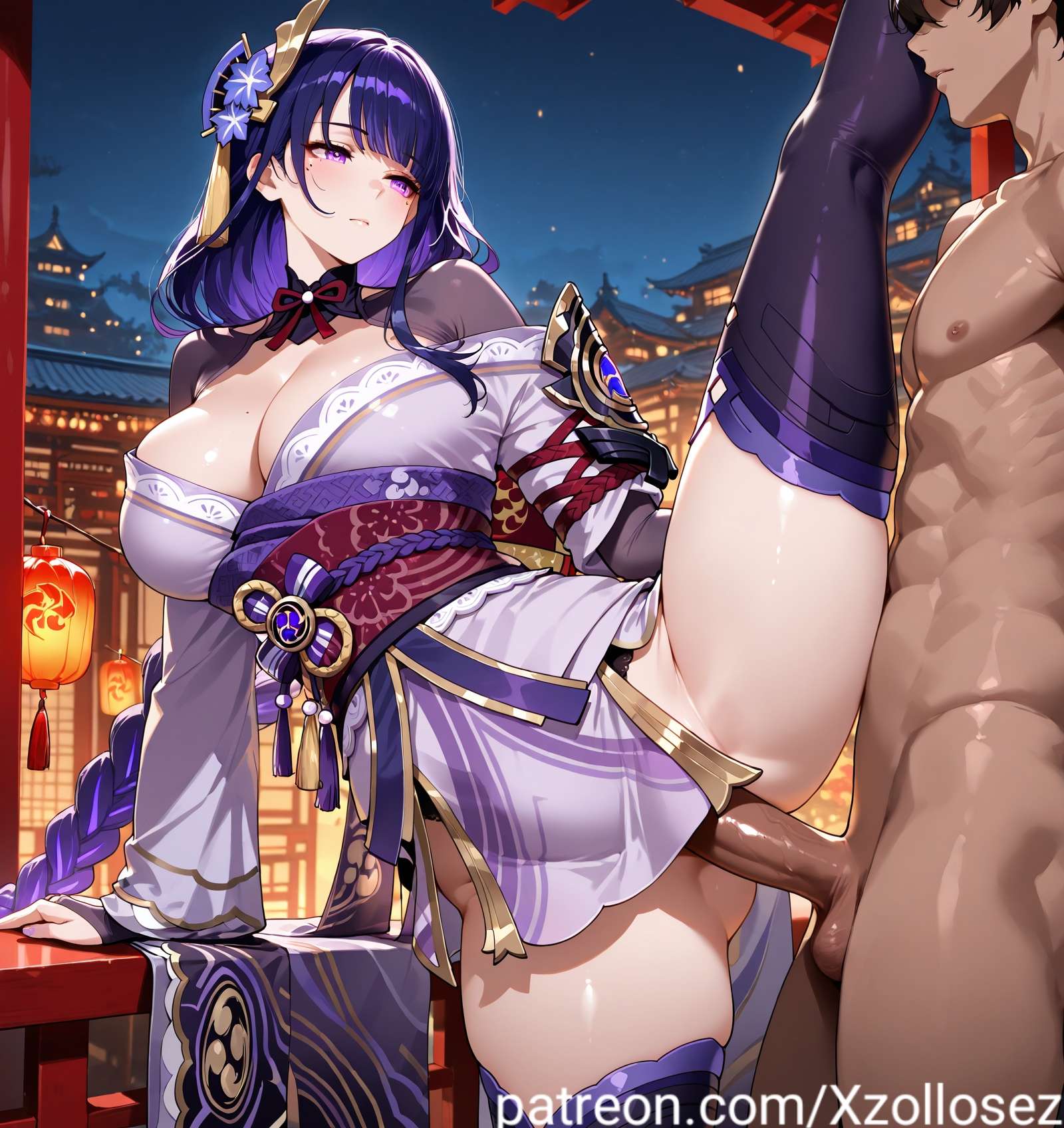 ai_generated blush genshin_impact hair_ornament large_breasts long_hair long_sleeves patreon patreon_username purple_eyes purple_hair raiden_shogun standing_on_one_leg standing_sex stockings vertical_splits xzollosez