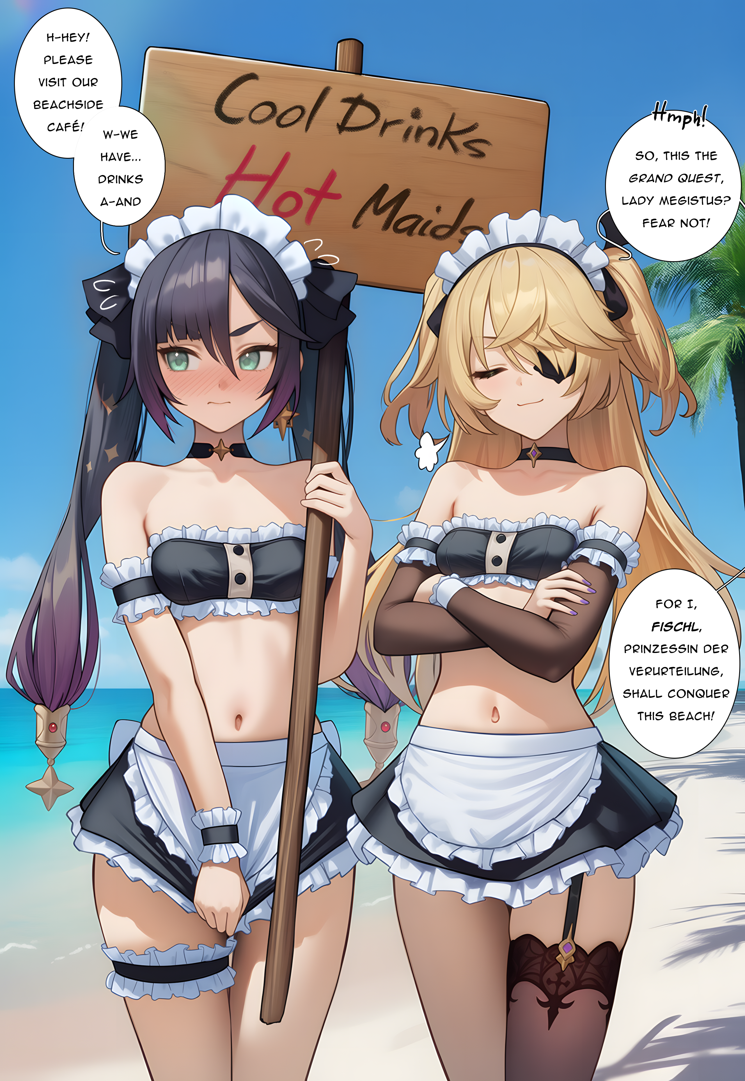 2girls, ai generated, alternate costume, apron, arm garter, bandeau, bare shoulders, beach, bikini, black choker, black hair, black ribbon, black skirt, black thighhighs, blonde hair, blue sky, blush, bow, breasts, bridal garter, choker, closed eyes, closed mouth, cloud, collarbone, cowboy shot, crop top, crossed arms, day, detached sleeves, earrings, embarrassed, english text, enmaided, eyepatch, female, fischl (genshin impact), frilled skirt, frills, garter straps, genshin impact, green eyes, hair ornament, hair over one eye, hair ribbon, holding, jewelry, long hair, maid, maid apron, maid bikini, maid headdress, midriff, miniskirt, mona (genshin impact), multiple females, multiple girls, nail polish, navel, ocean, outdoors, purple hair, purple nails, ribbon, single garter strap, single thighhigh, skirt, sky, small breasts, smile, speech bubble, standing, star (symbol ), star earrings, stomach, strapless, swimsuit, thigh strap, thighhighs, thighs, tree, twintails, two side up, vysetf, waist apron, wrist cuffs