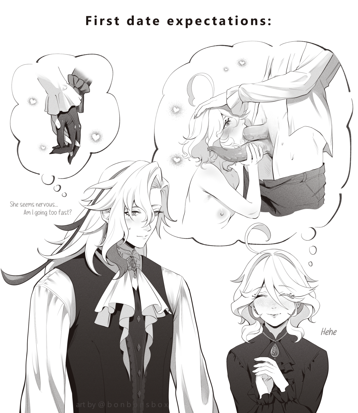 1boy, 1boy1girl, 1girl, 1girls, ahoge, artist name, bigger male, blowjob, blush, bonbon (bonesofbeskar), bonesofbeskar, breasts, couple, couple (romantic), diphallia, diphallism, dragon boy, dragon cock, dragon dick, dragon penis, english text, fantasizing, fellatio, female, furina (genshin impact), genshin impact, giving head, handholding, heart, heart ahoge, height difference, horny female, imagining, interlocked fingers, long-haired male, male, monochrome, multi genitalia, multi penis, neuvillette (genshin impact), oral sex, penis, pervert female, petite, short-haired female, size difference, small breasts, smaller female, straight, streaked hair, taller male, thinking, thinking cloud, two-tone hair, unusual anatomy, unusual genitalia, unusual penis, white hair