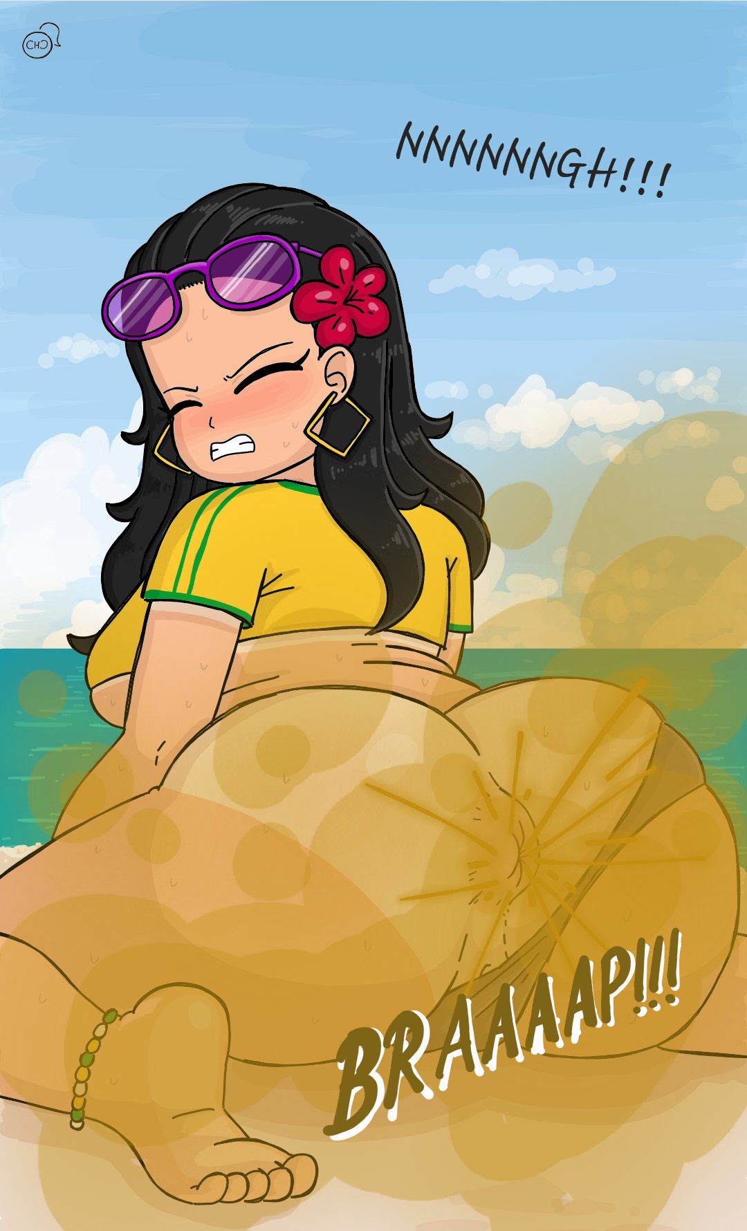 alternate version available, ass, ass bigger than head, ass focus, asshole, asshole opened wide, beach background, big breasts, black hair, brazil shirt, breasts, brown hair, chobeeno, crop top, english text, fart, fart cloud, fart fetish, farting, fat ass, feet, female, flower in hair, huge ass, oc, panties aside, sideboob, tanline, thong aside