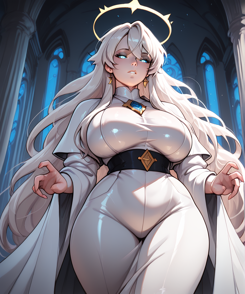 ai ai_generated blue_eyes civitai curvy curvy_female curvy_figure eteeming female female_only genderswap_(mtf) glowing_eyes halo palace robe robert_bumaro rule_63 scp_foundation solo thicc white_hair
