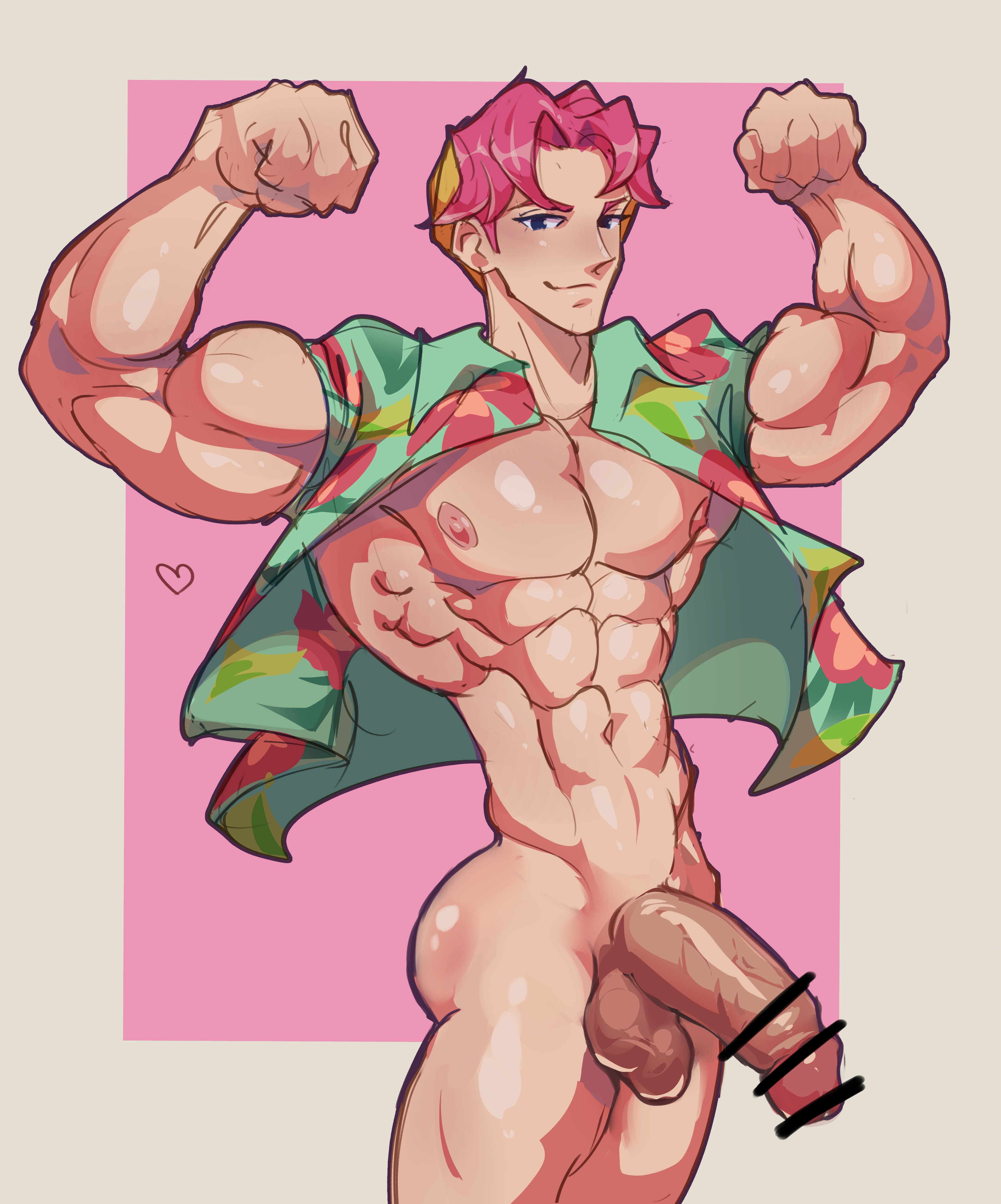 1boy, abby (kpop demon hunters), abs, bara, censor bar, censored, censored penis, half dressed, half naked, half-erect, kpop, kpop boy, kpop demon hunters, looking at viewer, male, male only, muscles, muscular, muscular male, netflix, penis, pink hair, posing, saja boys, smiling, smiling at viewer, smirk, smirking, smirking at viewer, solo, solo focus, solo male, sony pictures animation, thombrownie, yaoi, yellow hat