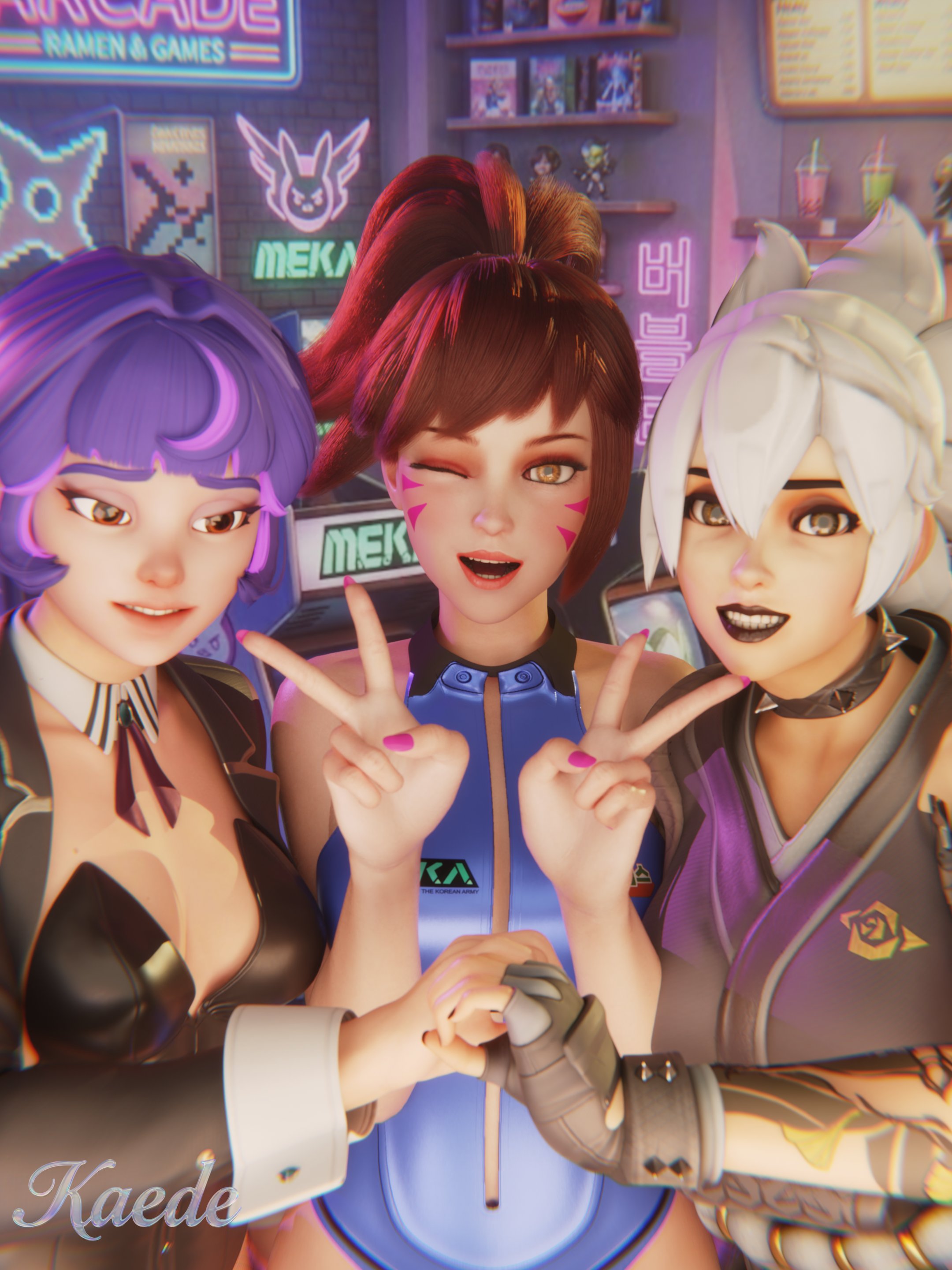 2026, 3d, 3girls, brown hair, clothed female, d.va, facial markings, hana song, hashimoto kiriko, image, juno (overwatch), kaede kun, kiriko (overwatch), kiriko kamori, looking at viewer, overwatch, peace sign, purple hair, teo minh, white hair, winking at viewer