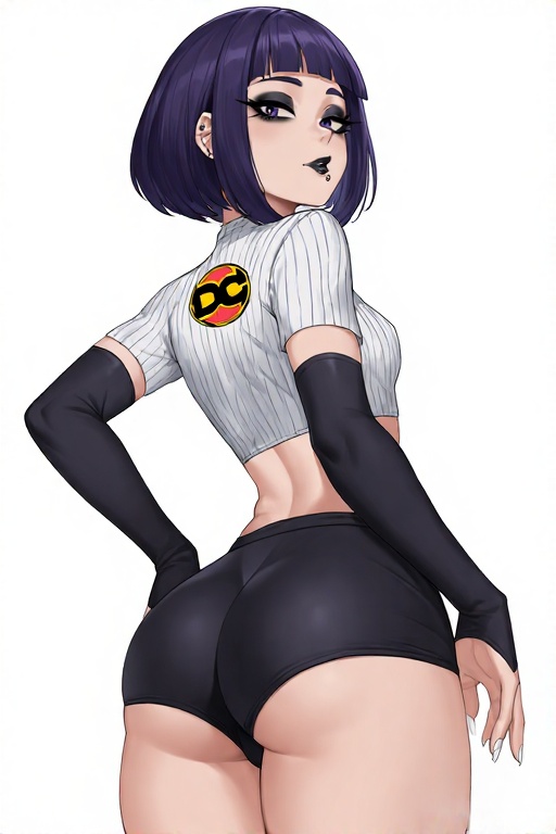 1girls, ai generated, ass, ass focus, big ass, black shorts, breasts, crop top, female, female only, goth girl, gothic, kyoka jiro, light-skinned female, my hero academia, petite body, purple eyes, purple hair, solo, tight clothing, younger female