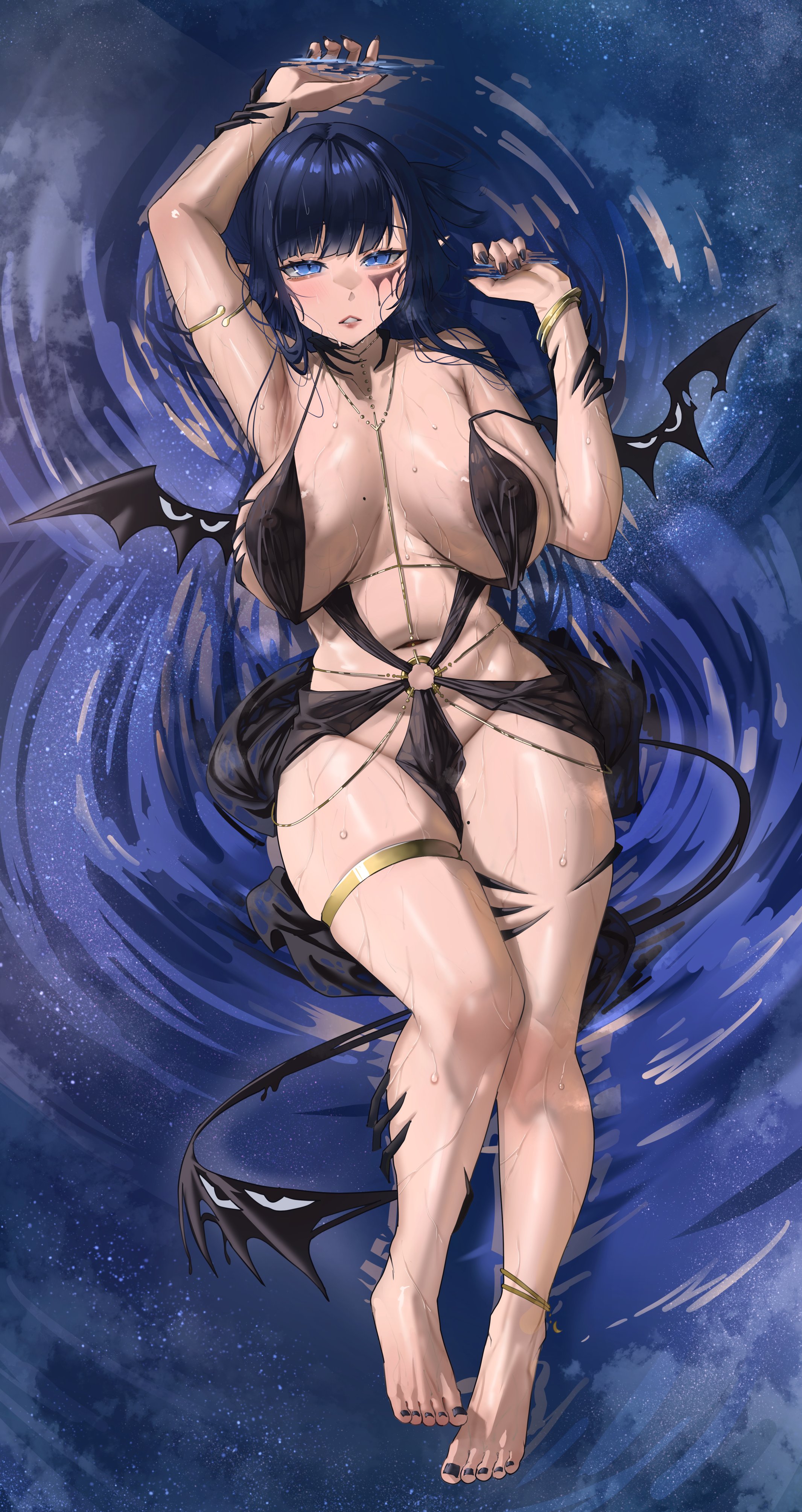1girls, archinoer, armpit, belly button, black nails, black toenails, blue eyes, blue hair, breasts, dark blue hair, female, female only, huge breasts, light skin, light-skinned female, lunalia, monster girl, painted nails, painted toenails, pose, rem kanashibari, sleep paralysis demon, solo, v4mirai, virtual youtuber, water, wings
