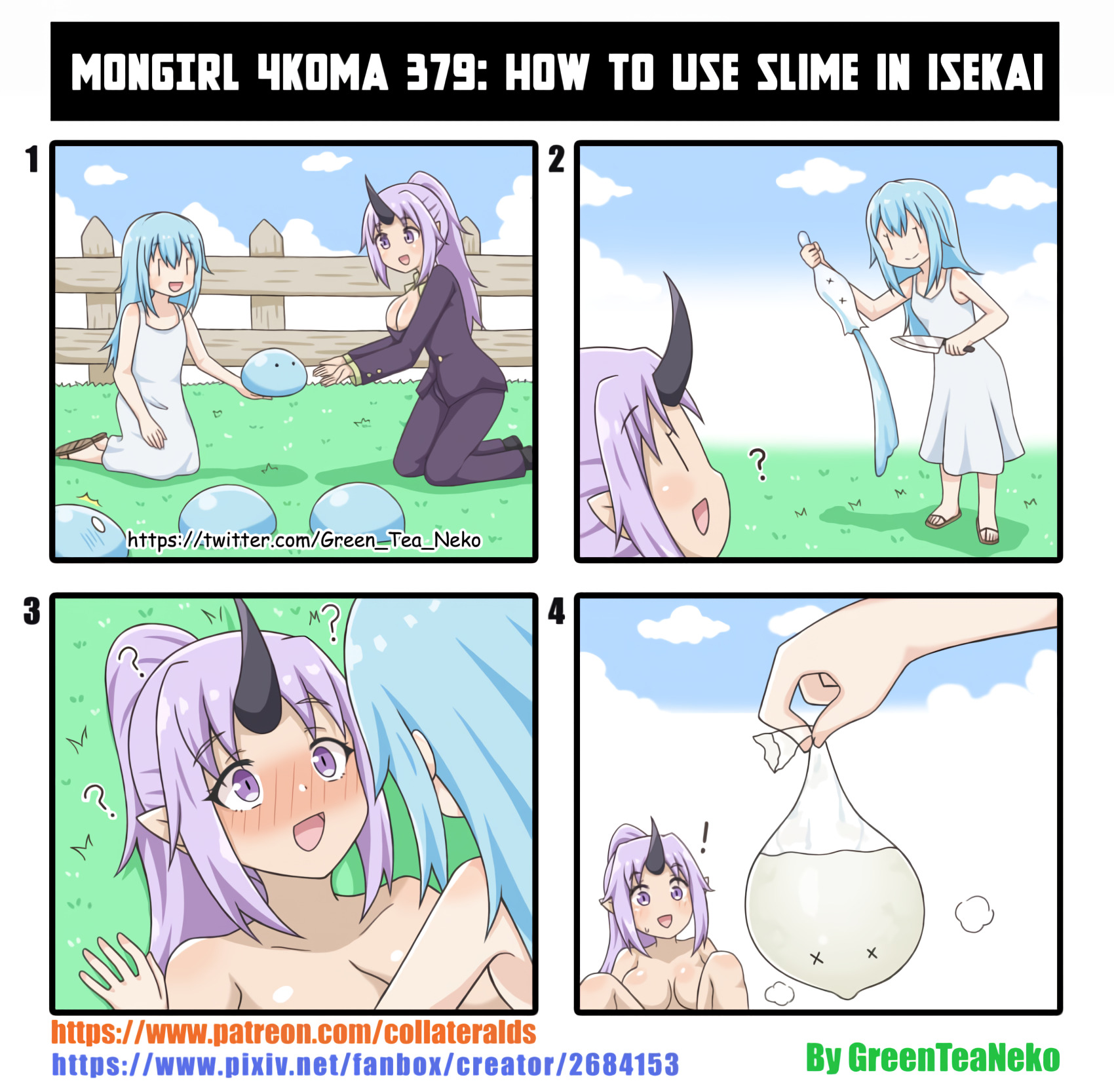 !, ?, 1boy, 1girls, 4koma, absurd res, after sex, asian mythology, big breasts, breasts, clothed, comedy, comic, condom, cum, cute, cute femboy, deflation, demon, dress, east asian mythology, english text, female, female focus, femboy, femboy on female, femboydom, filled condom, from front position, funny, grass, greenteaneko, huge breasts, human, humanoid pointy ears, humor, japanese mythology, kneeling, lying, male, male on female, missionary position, mongirl 4koma, mythology, nude, ogre, oni, otoko no ko, outside, penetration, plant, rimuru tempest, sex, sexually ignorant, shion (tensei shitara slime datta ken), slime, smaller femboy, straight, suit, sweat, tensei shitara slime datta ken, text, that time i got reincarnated as a slime, water, x x, yokai