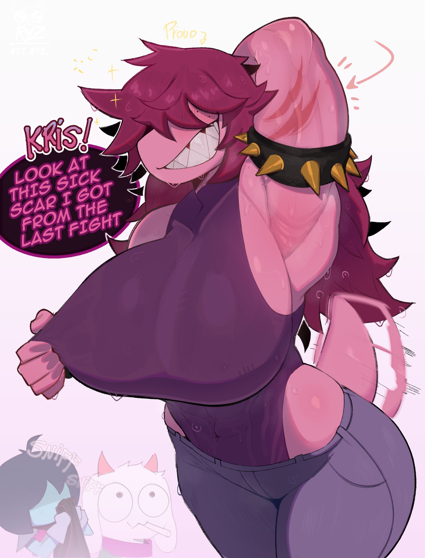 1girls, abs, alternate body type, anthro, armpit, armpit fetish, armpits, big breasts, breast grab, breasts, breasts bigger than head, clothing, deltarune, dialogue, female, female only, freckles, grabbing own breast, grabbing own nipples, hourglass figure, huge breasts, kris (deltarune), muscular, muscular female, nipple stimulation, owo, ralsei, ryz ryz, sharp teeth, shaved armpit, shiny skin, smiling, sniffing, solo, solo female, spiked armband, susie (deltarune), sweat, sweatdrop, tail, tail tuft, text, tomboy, unaware, undertale (series), voluptuous, wagging tail, wide hips