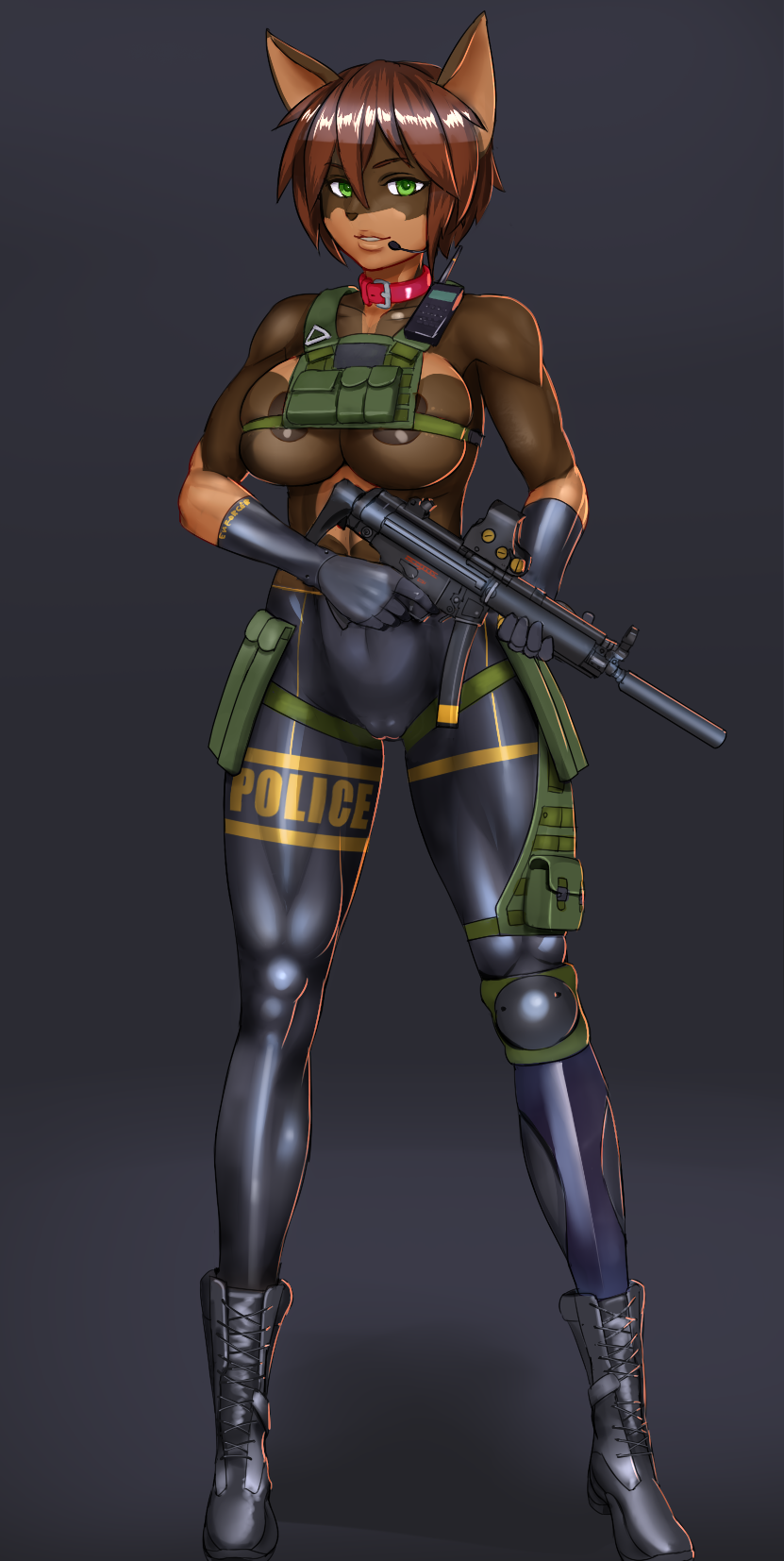 anthro booster-yoshy3 boots breasts brown_hair cameltoe canine collar combat_boots female furry gloves gun holster knee_pads original parted_lips punch shiny shiny_hair short_hair skin_tight smile solo standing thigh_holster walkie-talkie weapon