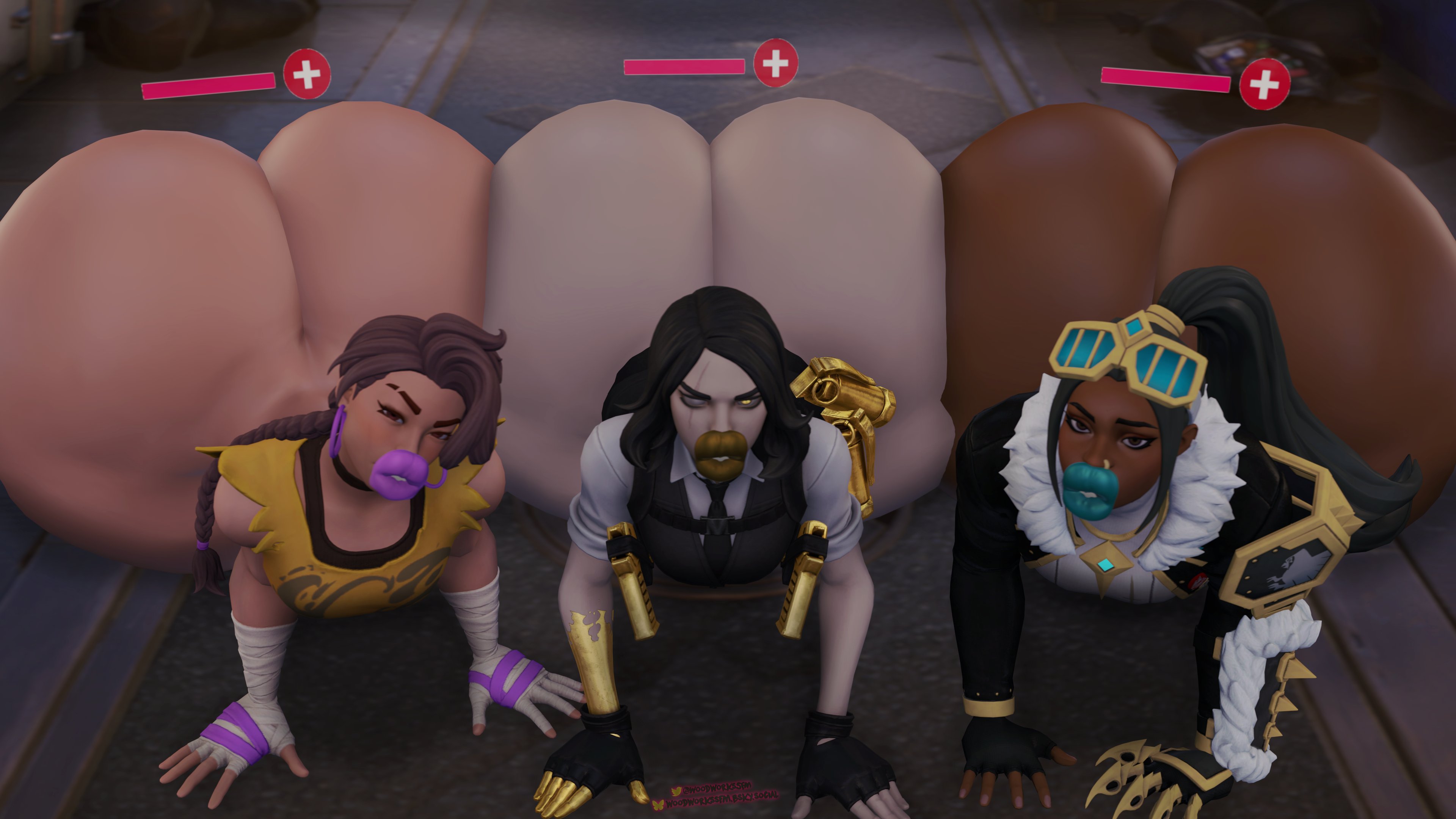 angry expression, ass, bimbo, bimbo body, bimbo lips, cinder (fortnite), fat ass, fortnite, huge ass, jaina (fortnite), laying on stomach, looking at viewer, marigold (fortnite), oakensfm, woodworksfm