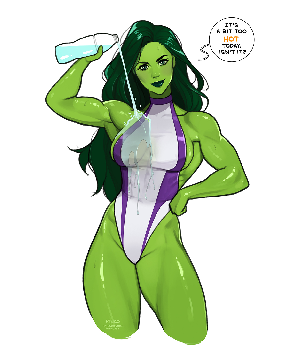 1girls, 2d, artist name, athletic, big breasts, breasts, color, english text, female, female only, green body, green eyes, green hair, green skin, green-skinned female, hulk (series), leotard, long hair, marvel, marvel comics, minko, muscular, muscular female, pouring water, she-hulk, solo, speech bubble, superheroine, talking to viewer, uniform, water, water bottle, wet clothes, white background