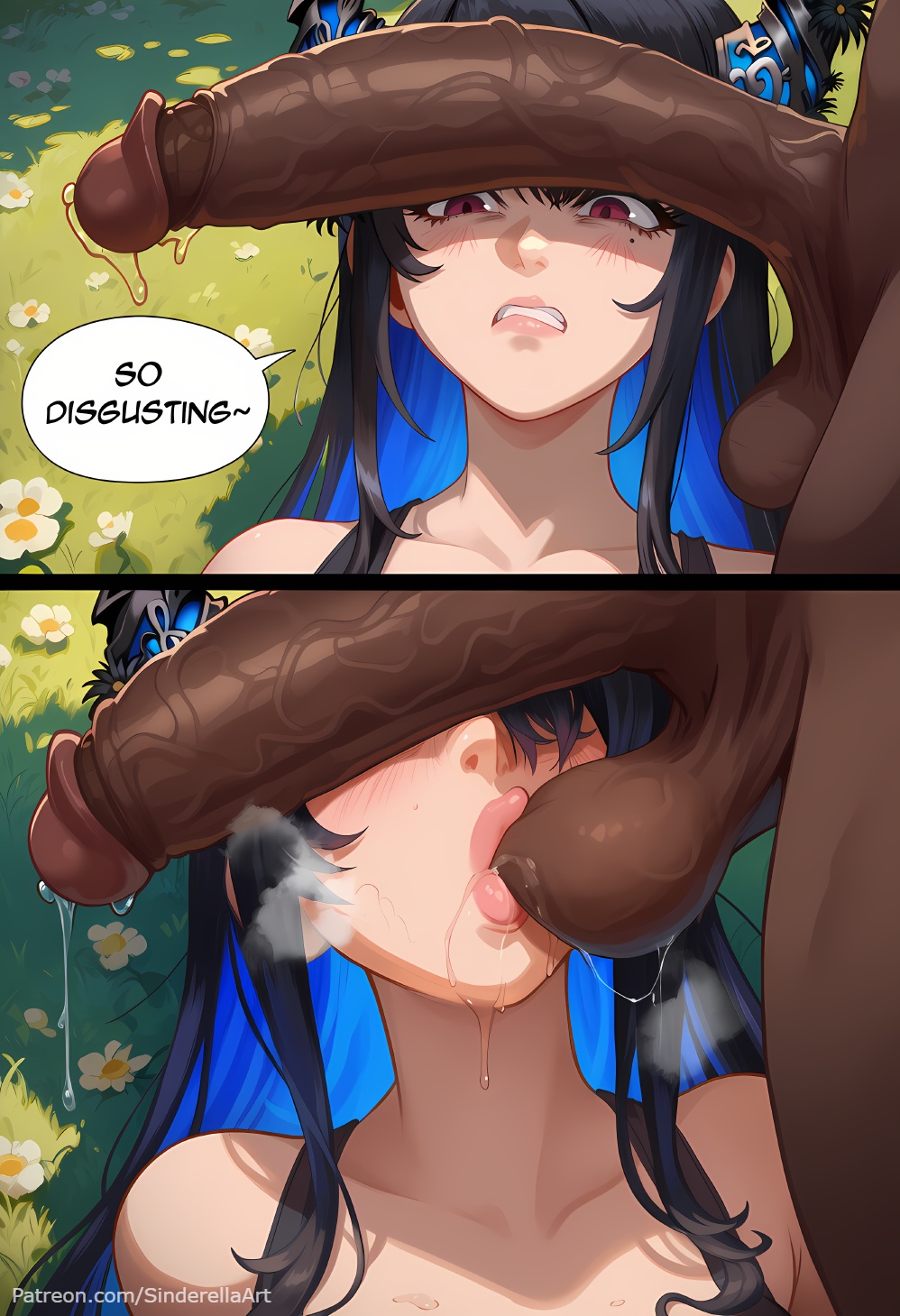 1boy, 1girls, ai generated, balls, breasts, busty, caption, cheating, comic, comic page, commission, dark skin, dark-skinned male, dialogue, english text, female, forced, hololive, hololive english, hololive english -advent-, huge balls, huge breasts, huge cock, huge testicles, indie virtual youtuber, interracial, male, nerissa ravencroft, netorare, patreon, patreon url, patreon username, penis, penis awe, public, rape, sinderellaart, sucking balls, testicles, text, text bubble, thick, virtual youtuber, voluptuous, vtuber, youtube, youtuber