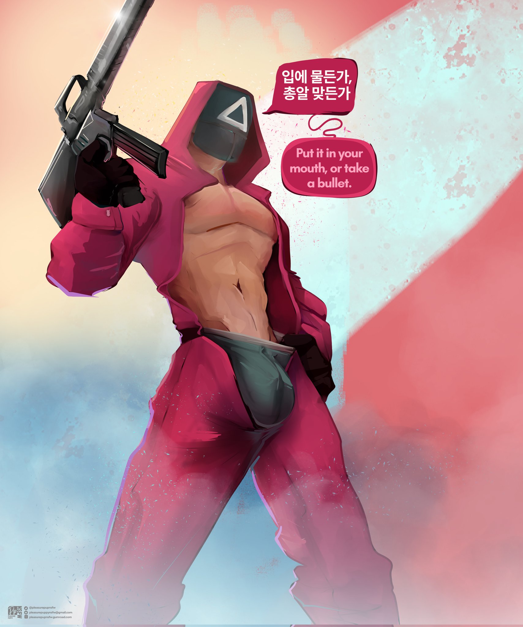 1boy, abs, balls, bara, bulge, bulge through clothing, dialogue, english text, gay, gay male, gun, holding gun, male, male focus, male only, muscular, muscular chest, muscular male, navel, netflix, nipples, pecs, pectorals, pink guard, pleasurepuppynsfw, solo, solo male, squid game, testicles, text, underwear, yaoi