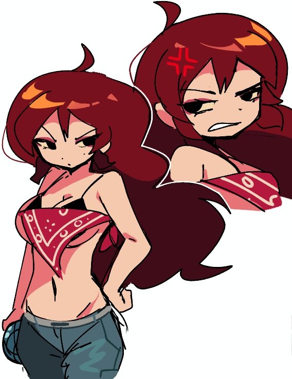 1girls, 2d, 2d (artwork), 2d artwork, annoyed, annoyed expression, auburn hair, bandana, bra, breasts, cleavage, clothing, female, female focus, female only, fnf, fnf mod, fnf mods, friday night funkin, friday night funkin mod, friday night funkin: funkadelix, funkadelix girlfriend (friday night funkin), girlfriend (friday night funkin), pelvic line, pose, revealing clothes, sideboob, underboob, z zmag8