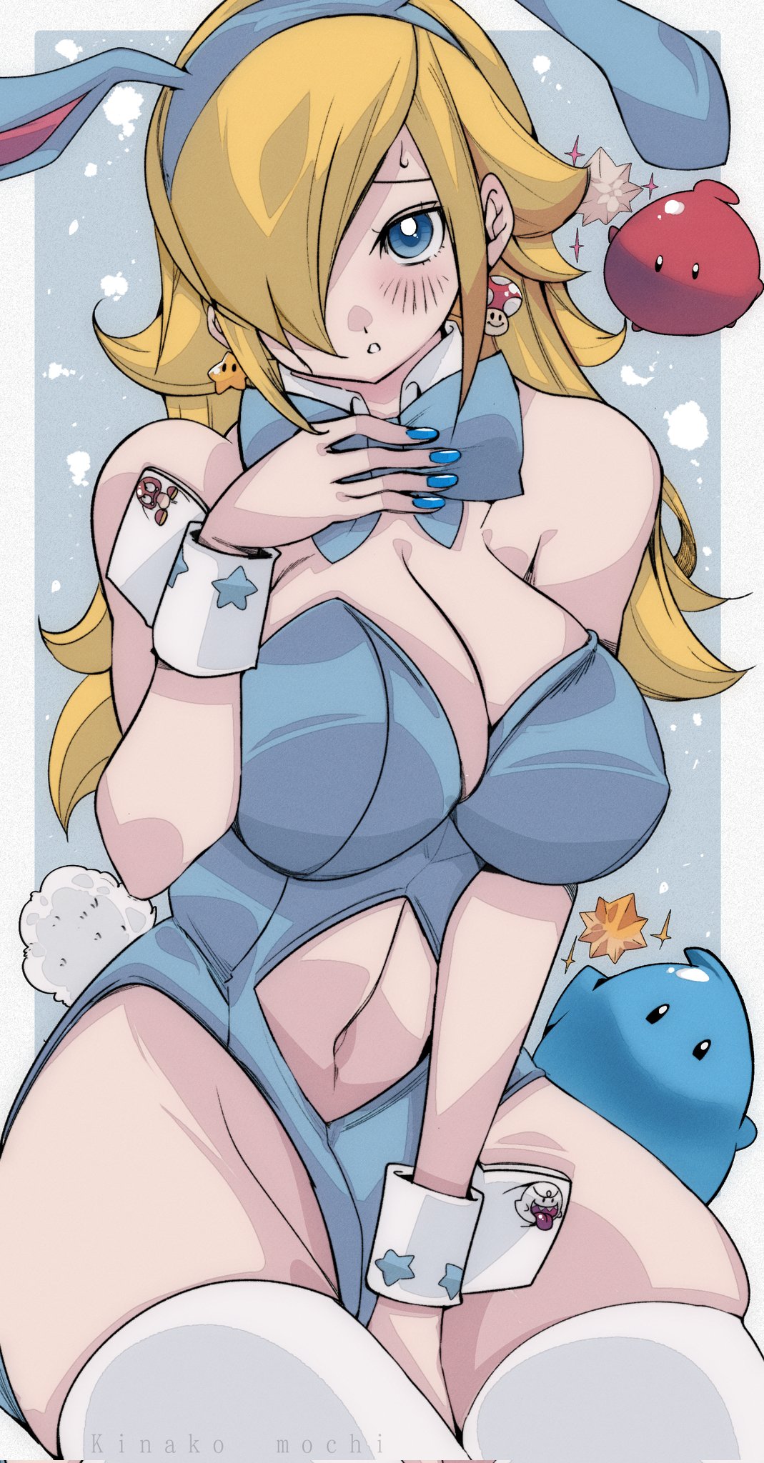 1girls, 2025, 2others, ambiguous gender, artist name, ass, big ass, big breasts, blonde female, blonde hair, blonde-haired female, blush, blush lines, blushing at viewer, blushing female, bow, bow tie, bowtie, bowtie collar, breasts, bunny ear, bunny ears, bunny girl, bunny tail, bunnysuit, clothed, clothed female, clothing, collar, cuff links, ear piercing, ear ring, earrings, english, english text, female, female focus, fully clothed, fully clothed female, hair over one eye, light skin, light-skinned female, luma, mario (series), mismatched earrings, mushroom earrings, nintendo, omochi db, pierced ears, piercing, piercings, playboy bunny, princess rosalina, star earring, super mario bros., super mario galaxy, text, thick thighs, thighs, trio, trio focus