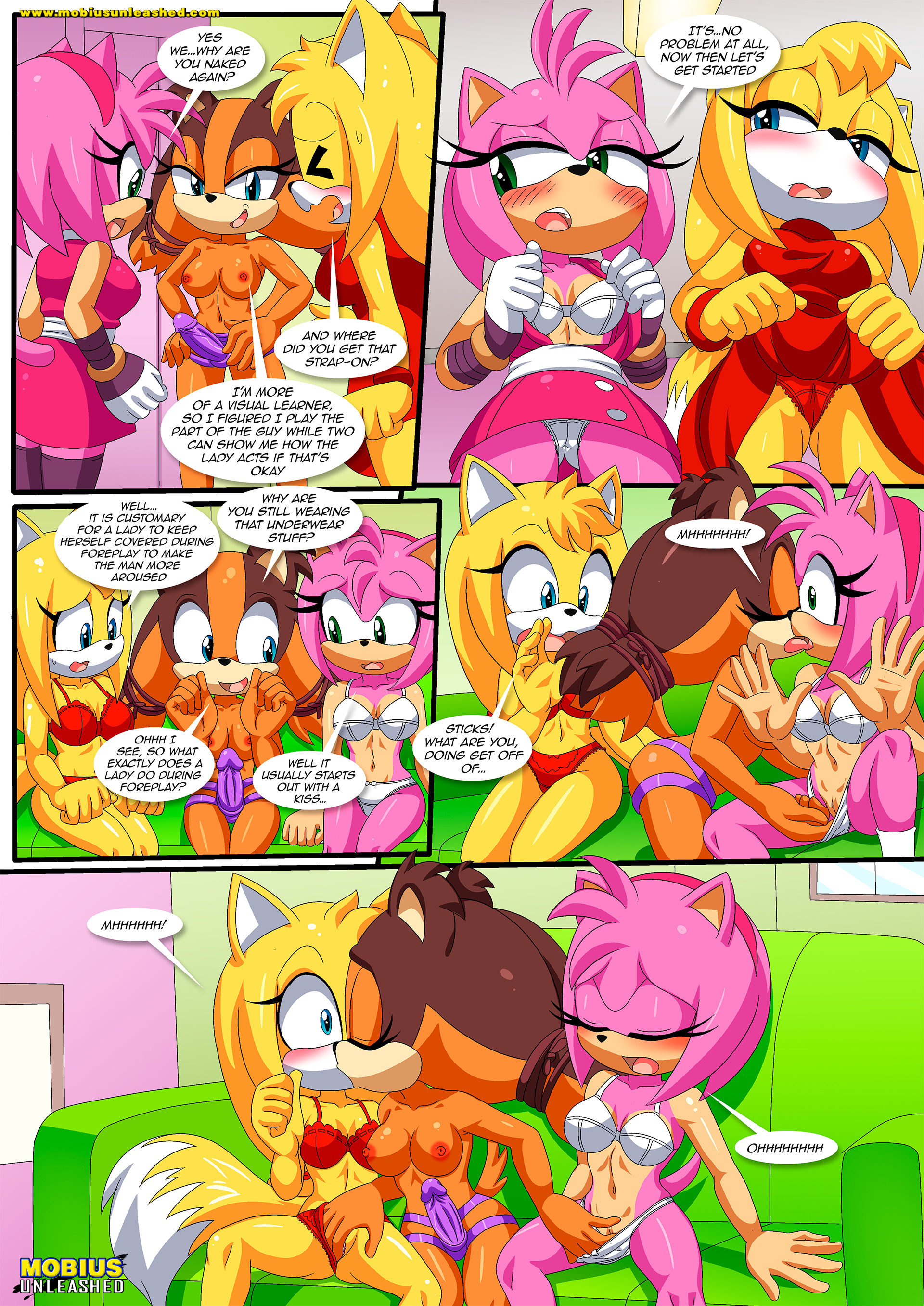 3girls, amy rose, anthro, badger, bbmbbf, blush, boomerang (tv network), breasts, cartoon network, comic, dialogue, female, female only, female/female, fox, french kiss, hedgehog, interspecies, jungle badger, kissing, masturbation, mobian (species), mobius unleashed, nipples, nude, palcomix, pussy, releasing your inner wild side (comic), sega, sex, sex toy, sonic (series), sonic boom, sonic the hedgehog (series), speech bubble, sticks the badger, sticks the jungle badger, strap-on, strapon, threesome, yuri, zooey the fox