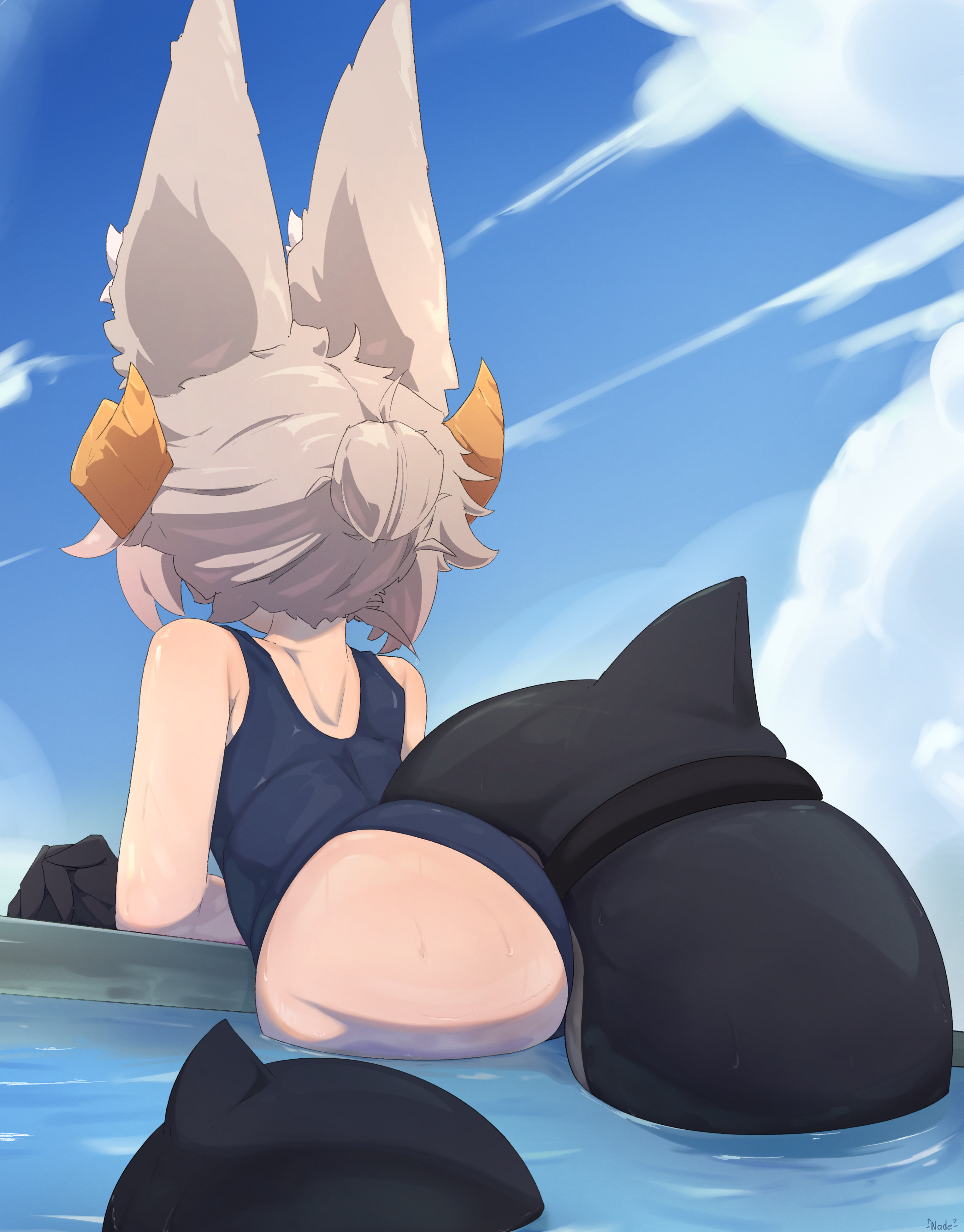 1boy, animal ear fluff, animal ears, arched back, armpits, ass, ass focus, back, beach, blue eyes, blue sky, candy, claws, cloud, cloudy sky, colored skin, dragon, dragon boy, dragon horns, dragon tail, dropping, eastern dragon horns, eastern dragon tail, energy drink, feminine male, fins, fish tail, food, fox ears, from behind, from below, gold bikini, grey hair, horns, huge ass, large ears, large tail, long hair, loose bikini, male, male focus, monster boy, nade arts, ocean, outdoors, partially undressed, pool, school swimsuit, shark tail, short hair, sky, solo, solo focus, sukumizu, summer, sun, swimsuit, tail, thick thighs, thigh strap, thighs, very long ears, water, water drop, wet, wide hips, zaphy (nade arts)