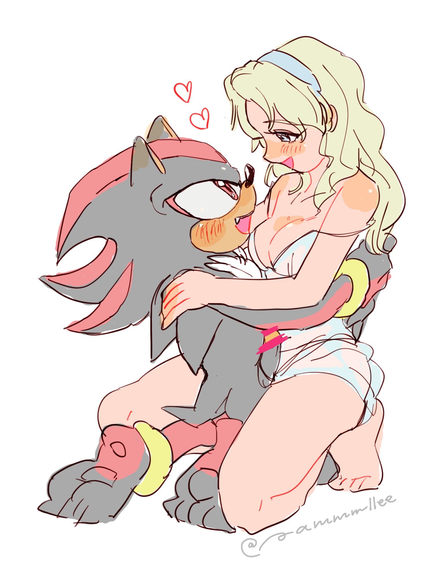 anthro male, anthro male on human female, anthro on female, anthro on human, artist request, before sex, bigger female, black body, black fur, black nose, blonde female, blonde hair, blue eyes, blue hairband, blush, blush lines, blushing female, blushing male, breasts, censor bar, censored, censored genitalia, censored penis, chest tuft, cleavage, couple, cute, duo, erection, female, fur, furry, furry male, hairband, happy, happy female, happy male, headband, heart, heart symbol, hedgehog, hedgehog boy, holding each other, hugging, hugging another, human, human female, human on anthro, humanoid feet, humanoid genitalia, humanoid hands, humanoid penis, interspecies, kneeling, larger female, legs, legs apart, long hair, looking at partner, love, lovers, male, male anthro/female human, male/female, maria robotnik, mostly nude, oerba yun fang, pammmllee, parted bangs, partially clothed, pawpads, penis, red eyes, red fur, romantic, romantic couple, shadow the hedgehog, signature, size difference, smaller anthro, smaller male, smile, smiling, smiling at partner, sonic (series), sonic the hedgehog (series), straight, strap slip, tail, tan glans, tan skin, thighs, two-tone fur, white background, white skin, wholesome