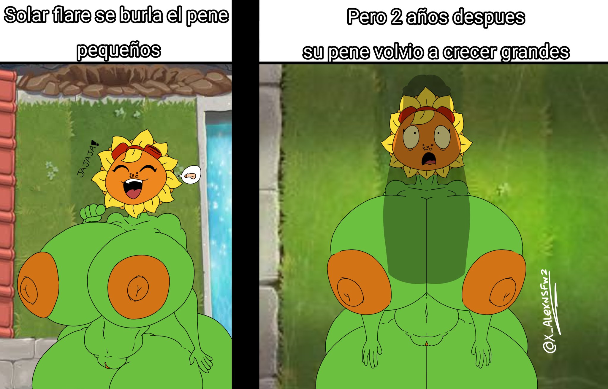 alex nsfw, ass, breasts, dialogue, español, female, glasses, glasses on head, green skin, huge ass, huge breasts, huge cock, imminent sex, laugh, male, mocking, nude, nude female, penis, penis shadow, plant, plant girl, plants vs zombies, plants vs zombies: heroes, sexy, small penis, solar flare (pvz), spanish text, sunflower (pvz), text, voluptuous, voluptuous female, x alexnsfw2