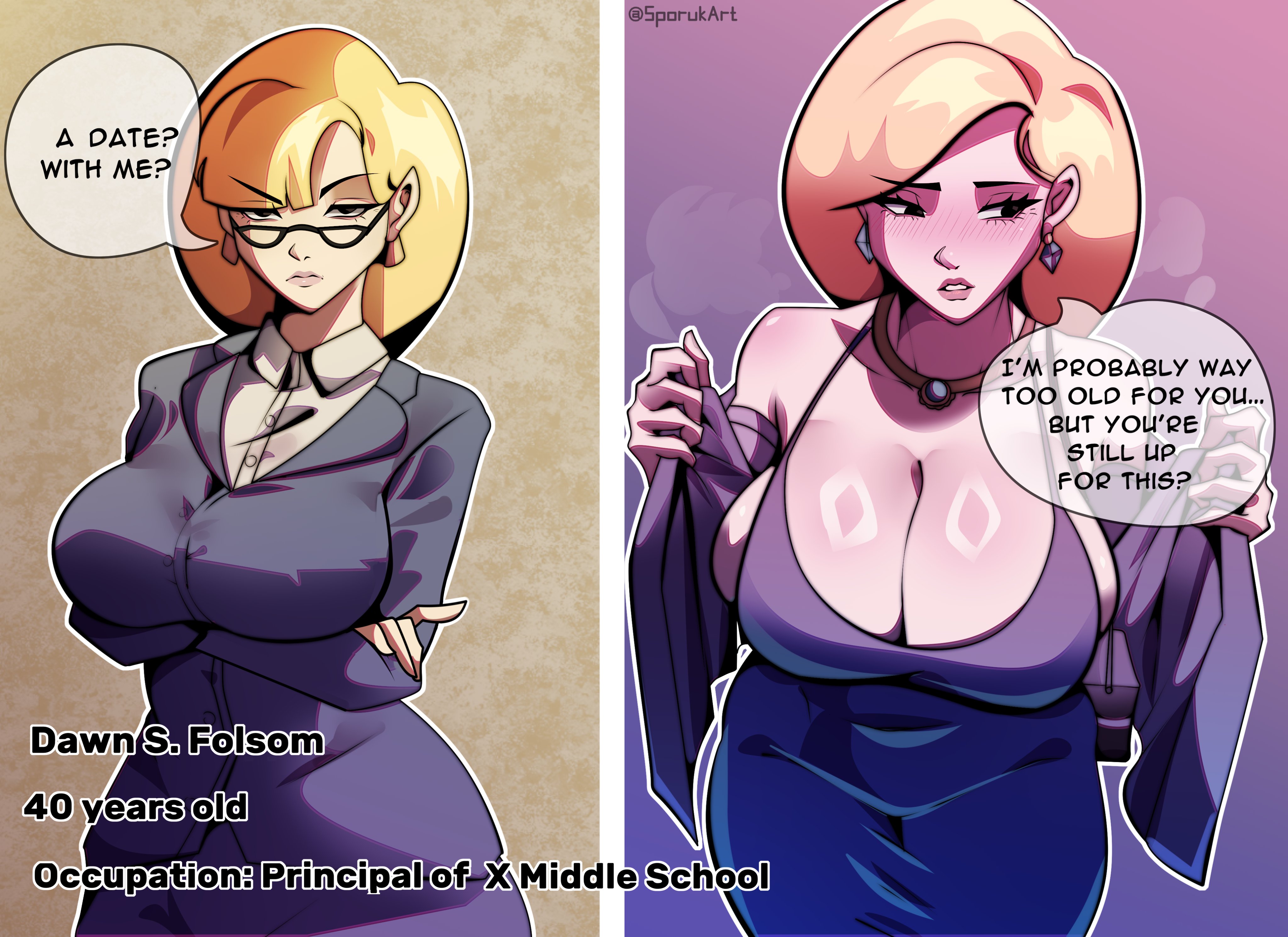 1girls, arms crossed, big breasts, black eyes, blonde hair, breasts, cleavage, clothing, coat, crossed arms, dawn s. folsom, dress, ear piercing, earrings, english, english text, eyewear, female, female only, fillmore, glasses, hair, huge breasts, lips, mature, mature female, mature woman, milf, necklace, neckwear, purple dress, purse, solo, solo female, speech bubble, sporukart, teacher, teacher outfit, text