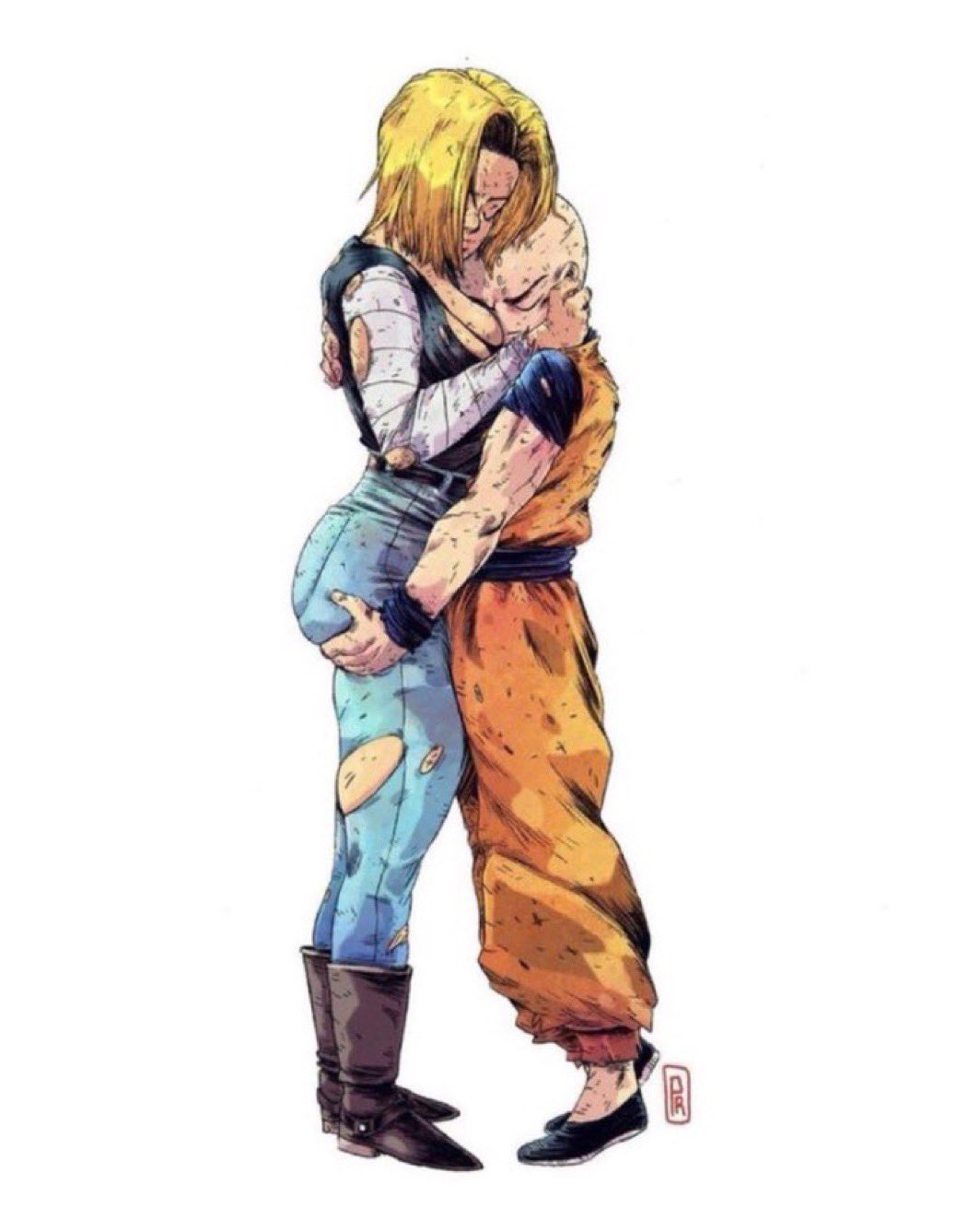 1boy, 1girls, android 18, artist request, ass, ass grab, ass grope, ass groping, dragon ball, dragon ball super, dragon ball z, female, hugging, krillin, kuririn, male