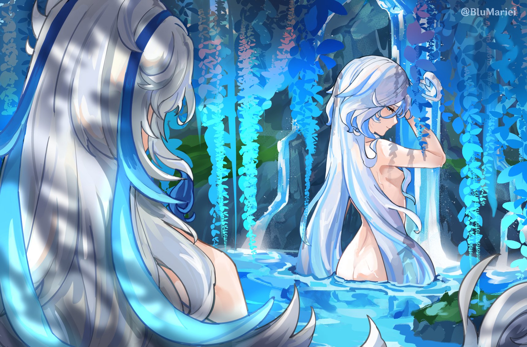 1boy, 1boy1girl, 1girl, 1girls, ahoge, artist name, ass, back, back view, bathing, blue eyes, blue hair, blumariei, breasts, completely nude, duo, female, female focus, focalors (genshin impact), furina (genshin impact), genshin impact, hair over breasts, heart ahoge, highres, in water, light blue hair, long-haired female, long-haired male, looking at another, looking back, looking back at another, male, multicolored hair, neuvillette (genshin impact), nude, nude female, nude male, nudity, outdoors, petite, petite body, petite female, rocks, seducing, seduction, seductive body, seductive eyes, seductive gaze, seductive look, seductive smile, silver hair, small breasts, streaked hair, two-tone hair, vegetation, water, waterfall, white hair, wholesome, wholesome nudity