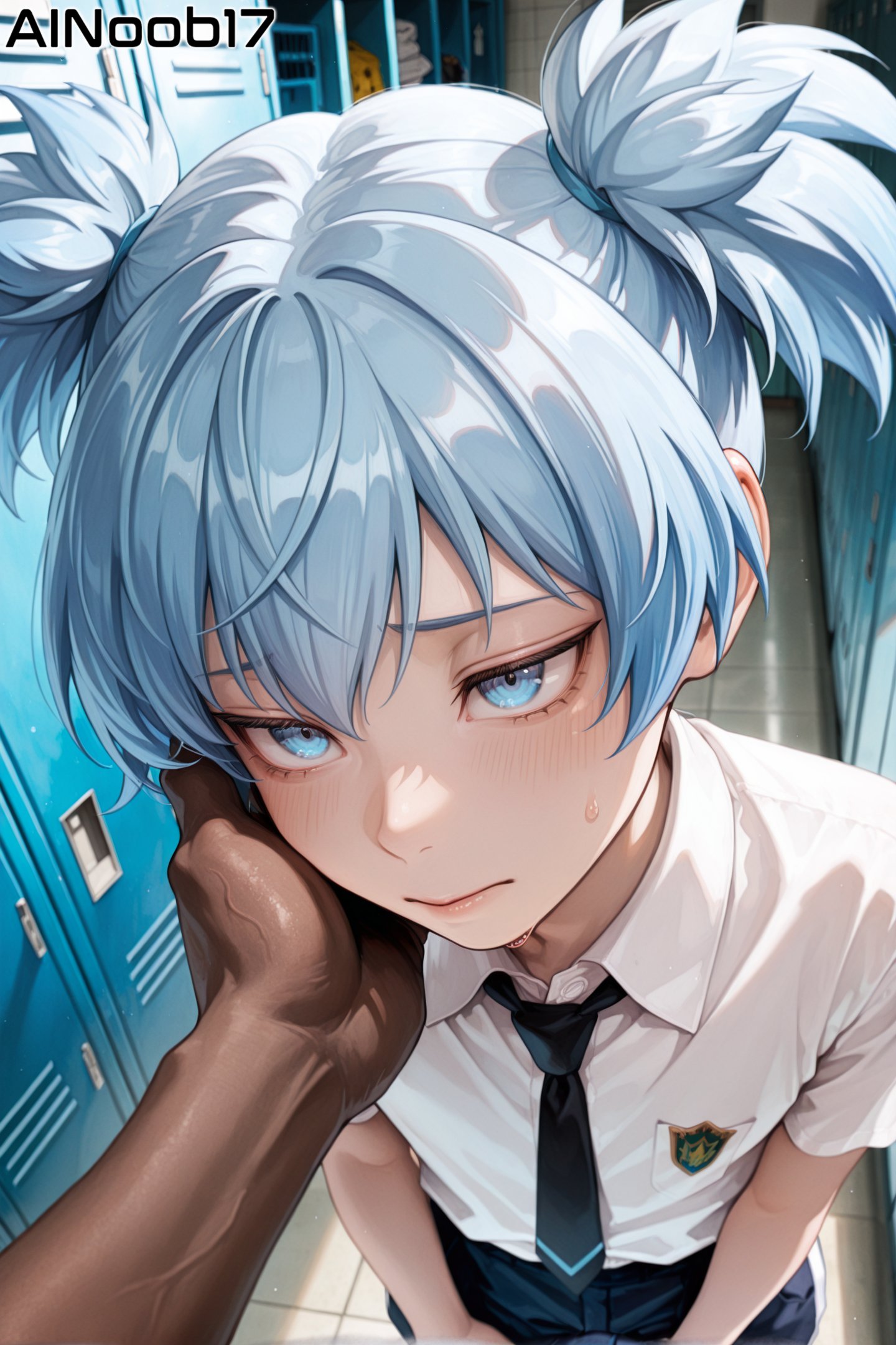 1femboy, 2boys, 2males, ai generated, ainoob17, assassination classroom, blue eyes, blue hair, dark-skinned male, femboy, imminent rape, imminent sex, locker room, male, otoko no ko, otokonoko, rapist pov, school uniform, shiota nagisa, shy, tagme, touching face