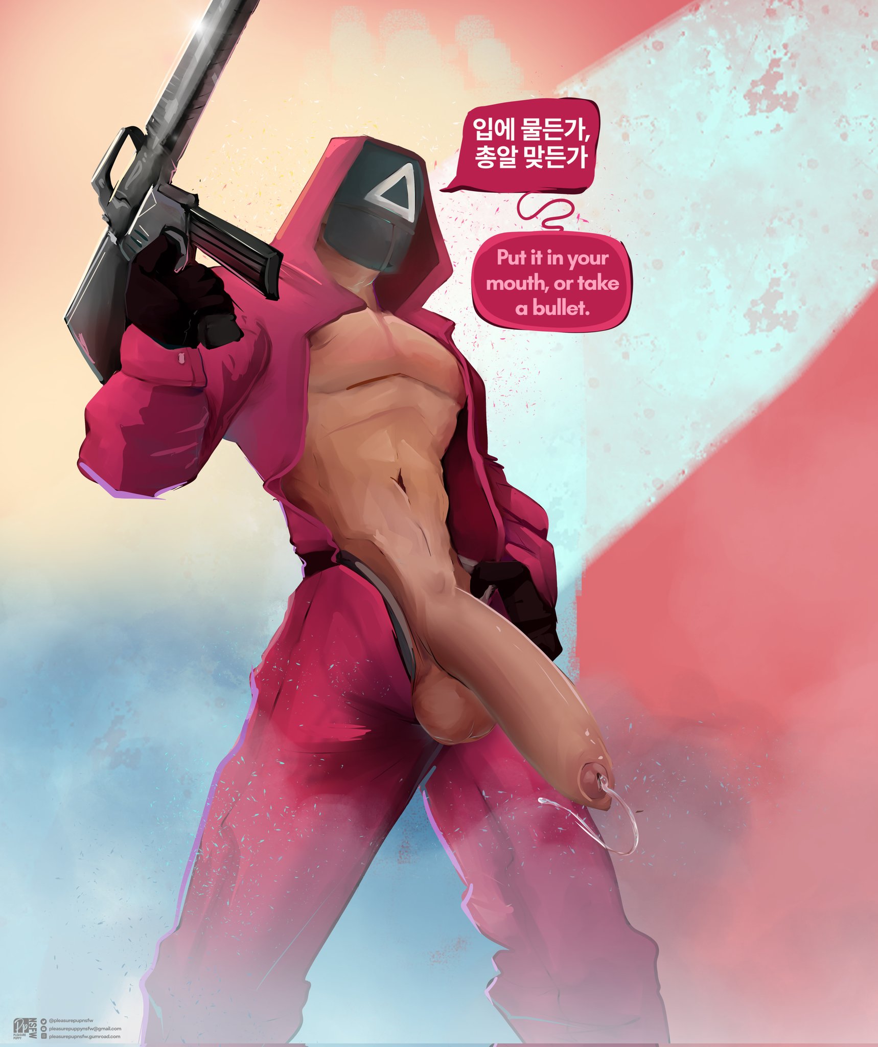1boy, abs, balls, bara, dialogue, english text, foreskin, gay, gay male, gun, holding gun, male, male focus, male only, muscular, muscular chest, muscular male, navel, netflix, nipples, pecs, pectorals, penis, pink guard, pleasurepuppynsfw, precum, solo, solo male, squid game, testicles, text, uncircumcised, uncut, yaoi