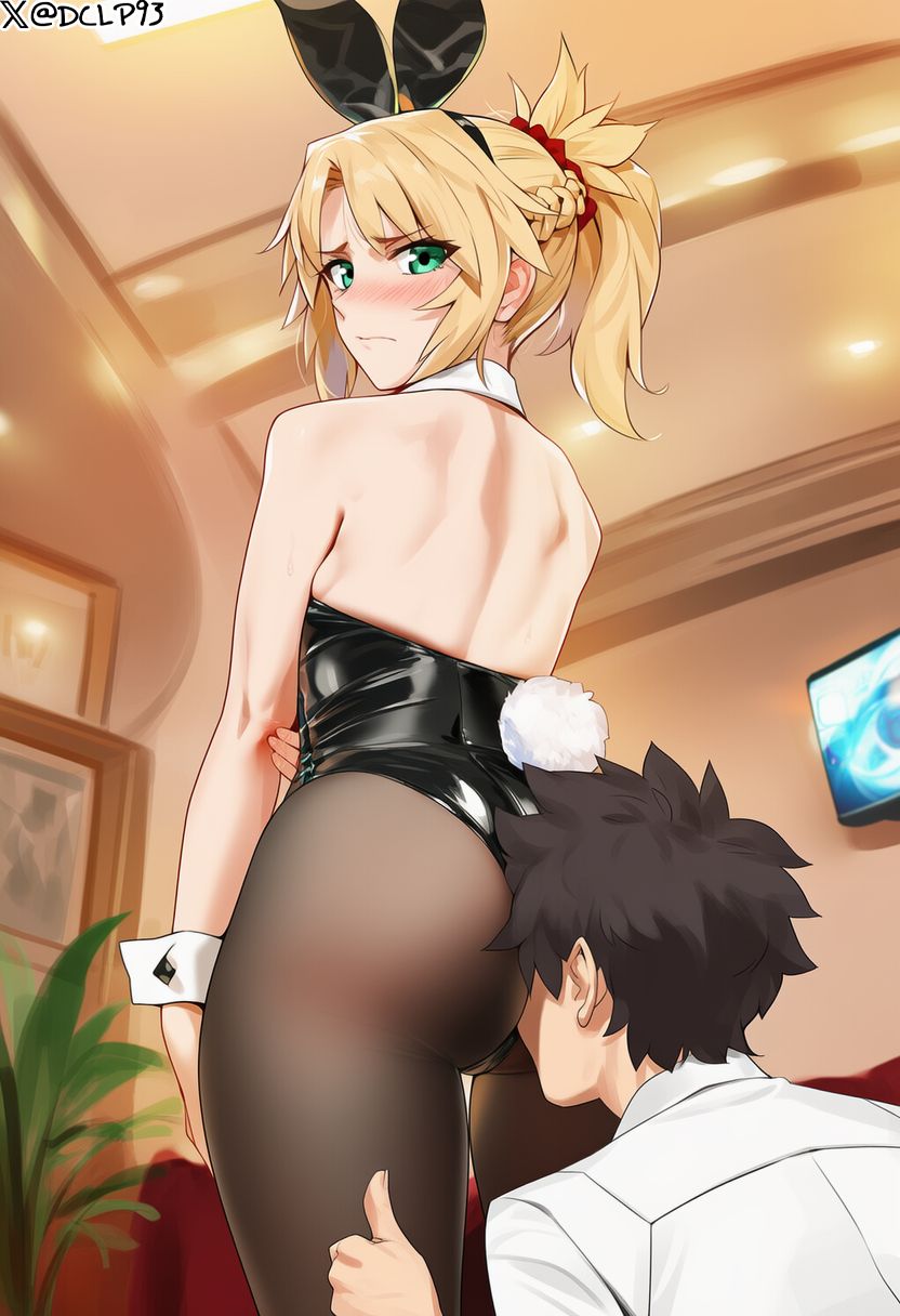 1boy, 1girls, ai generated, ass, ass focus, big ass, breasts, bunny girl, dclp, duo, embarrassed, face in ass, fate (series), fate/grand order, female, from behind, fujimaru ritsuka (male), indoors, light skin, light-skinned female, light-skinned male, male, mordred (fate), playboy bunny, standing