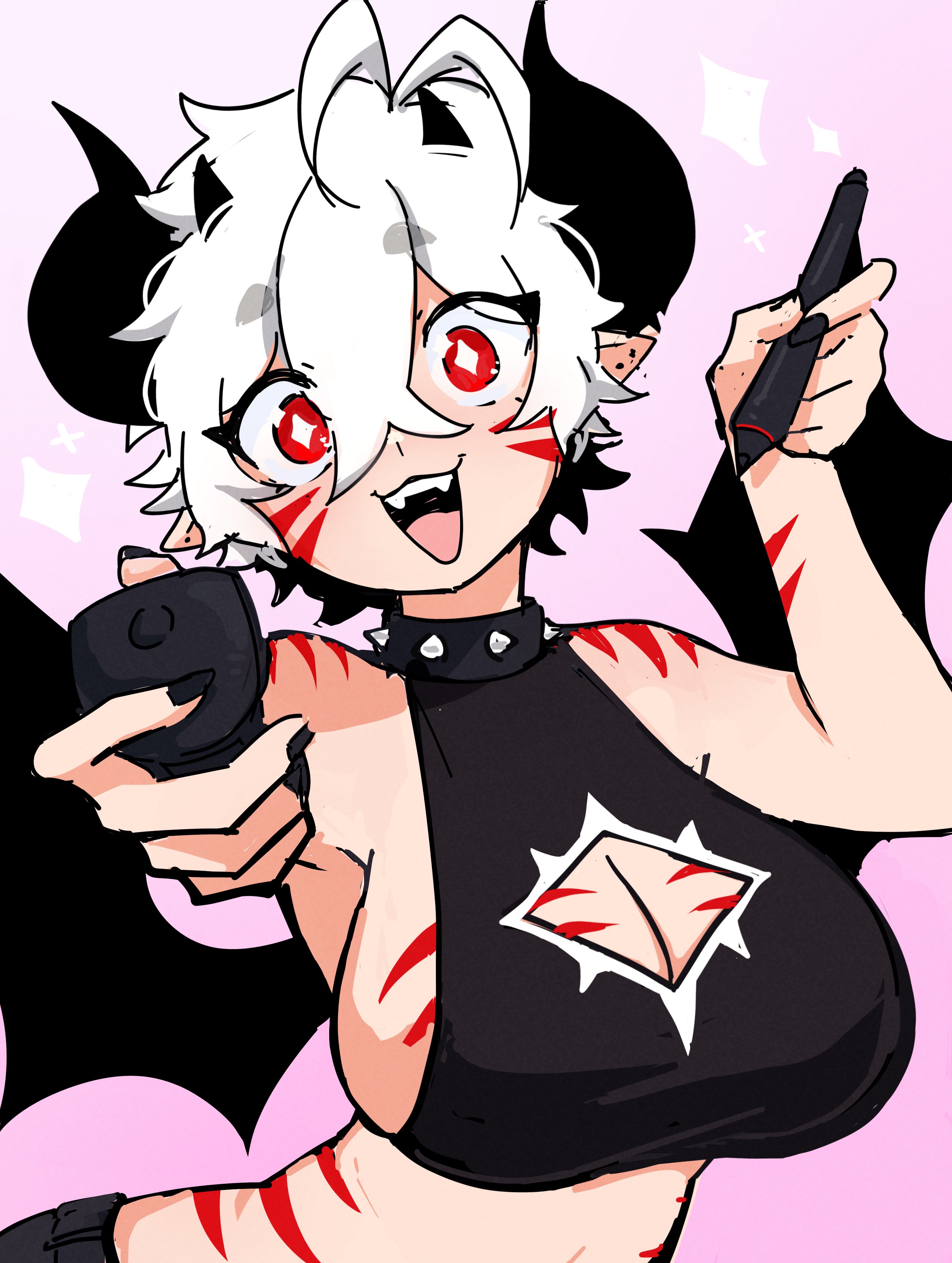 2025, artist, black hair, black nail polish, black nails, blaire rune, blairevt, body markings, breasts, cleavage, cleavage cutout, demon horns, demon wings, drawing pen, excited, female, halter top, halterneck, horns, indie virtual youtuber, looking at viewer, nonbinary, red eyes, red stripes, short hair, sideboob, sparkles, sparkling eyes, spiked collar, striped body, tablet pen, virtual youtuber, vtuber, white hair, wings