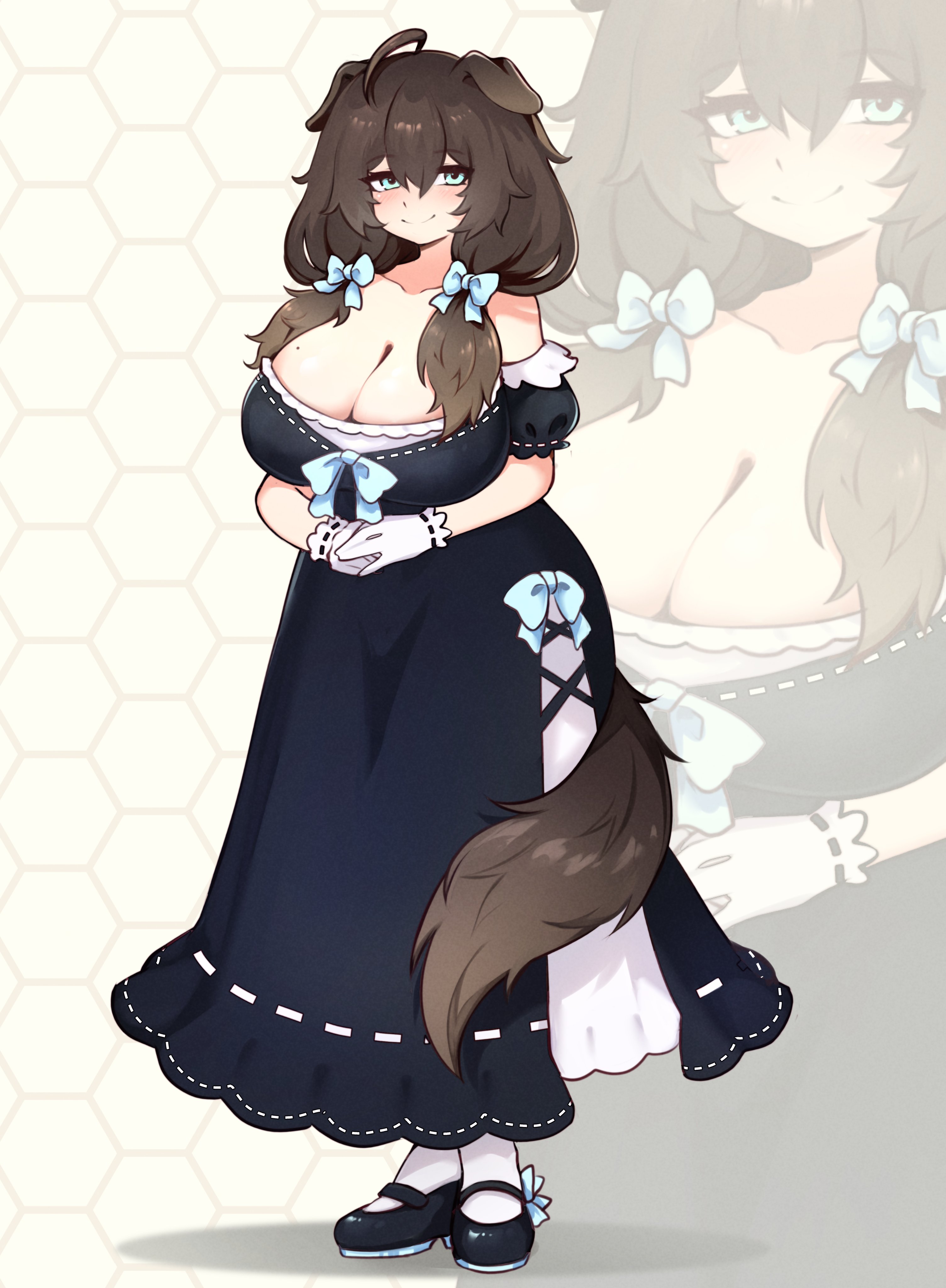 adoptable, ahoge, ara ara, big breasts, blairevt, breasts, brown hair, brown tail, cleavage, dog ears, dog girl, dog tail, dress, elegant, female, floppy ears, fully clothed, gentle mommy, hair ribbon, huge breasts, large breasts, looking at viewer, milf, mole, mole on breast, mommy, narrowed eyes, smile, soft shading, soft smile, twintails