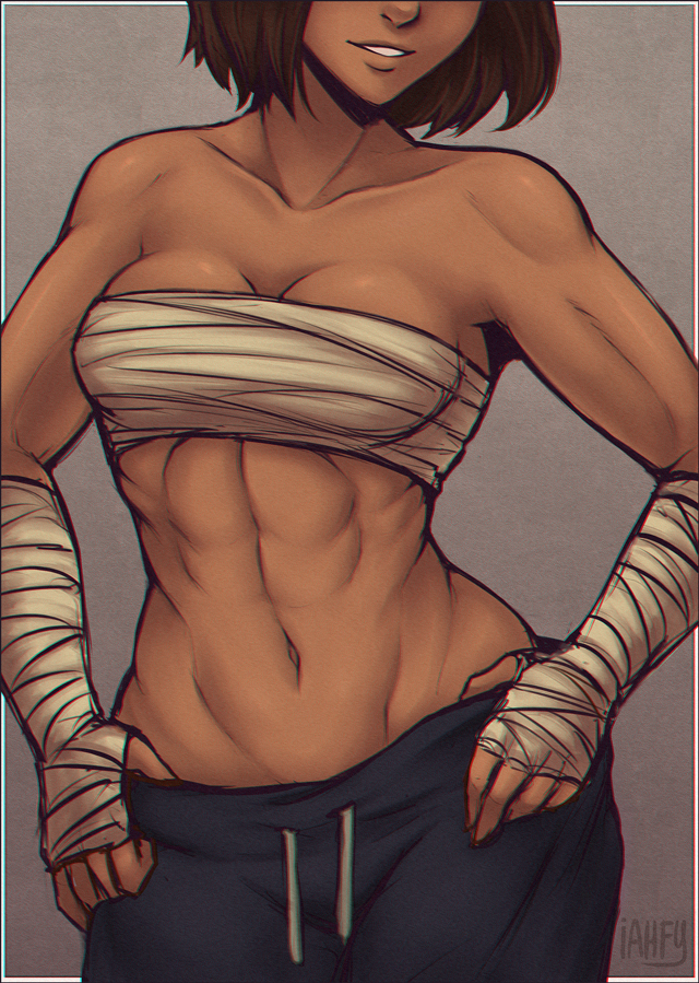 1girls abs arm_wraps avatar_legends bandage brown_hair chest_wraps cleavage clothing dark-skinned_female dark_skin female female_only handwraps hourglass_figure human k-y-h-u korra medium_breasts muscular_female navel pointy_chin short_hair solo standing straight_hair the_avatar the_legend_of_korra water_tribe wraps