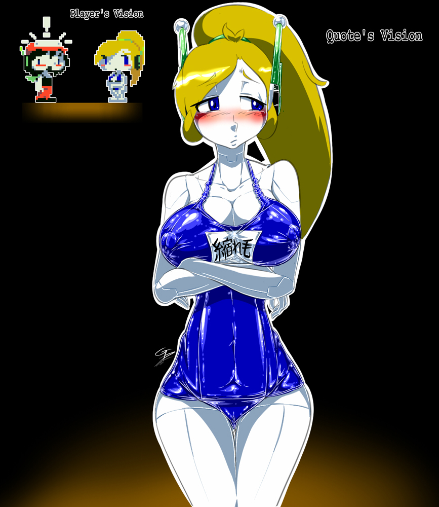 big breasts, blue eyes, breasts, cameltoe, cave story, cleavage, curly brace, erect nipples, female, gblastman, headphones, male, nipples, one-piece swimsuit, pussy, quote (cave story), robot boy, robot girl, swimsuit, yellow hair