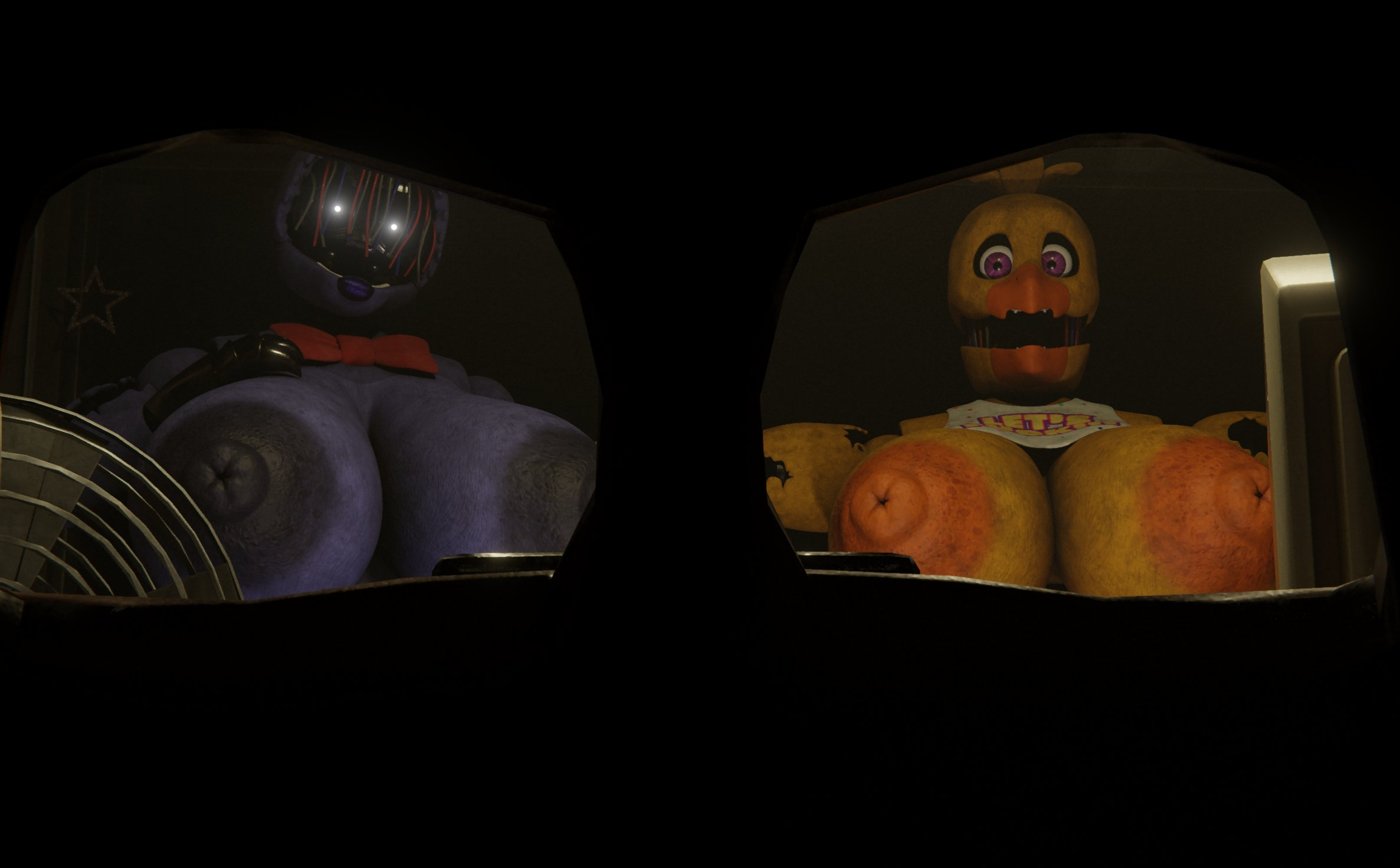 2girls, 3d, canonical scene, casual, casual nudity, faceless, faceless female, female, female only, five nights at freddy's, five nights at freddy's 2, fnaf2 location, freddy mask (fnaf), gilf, handless, horror, mature female, missing arm, missing hand, monster girl, nightmare waifu, no face, no hands, nude, nude female, robot, robot girl, rule 63, tagme, vensaku, withered bonnie, withered bonnie (octal), withered chica, withered chica (octal)