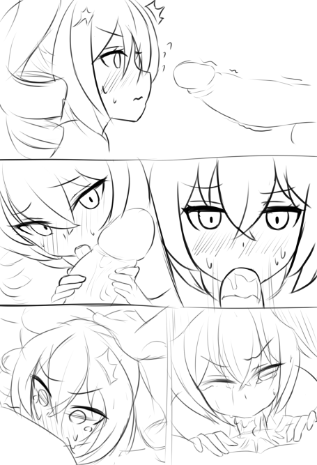 1boy 1girls blowjob blush bronya_zaychik bronya_zaychik_(haxxor_bunny) cum cum_in_mouth drill_hair eyebrows_visible_through_hair fellatio hand_on_head head_push honkai_impact_3rd io9 licking_penis looking_at_viewer monochrome multiple_panels oral oral_sex panels penis sketch sweat uncolored