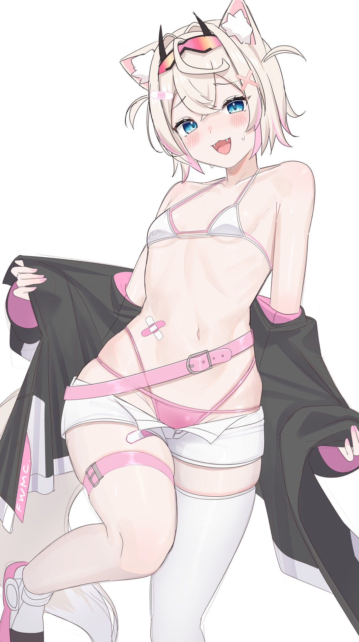 bandaid, blonde hair, blue eyes, breasts, dog ears, female, flat chest, fluffy ears, hips, hololive, hololive english, hololive english -advent-, mococo abyssgard, nervous, nervous smile, nervous sweat, oerba yun fang, pink highlights, small breasts, thigh strap, thighs, tojo aoi, tummy, underwear, virtual youtuber, wide hips