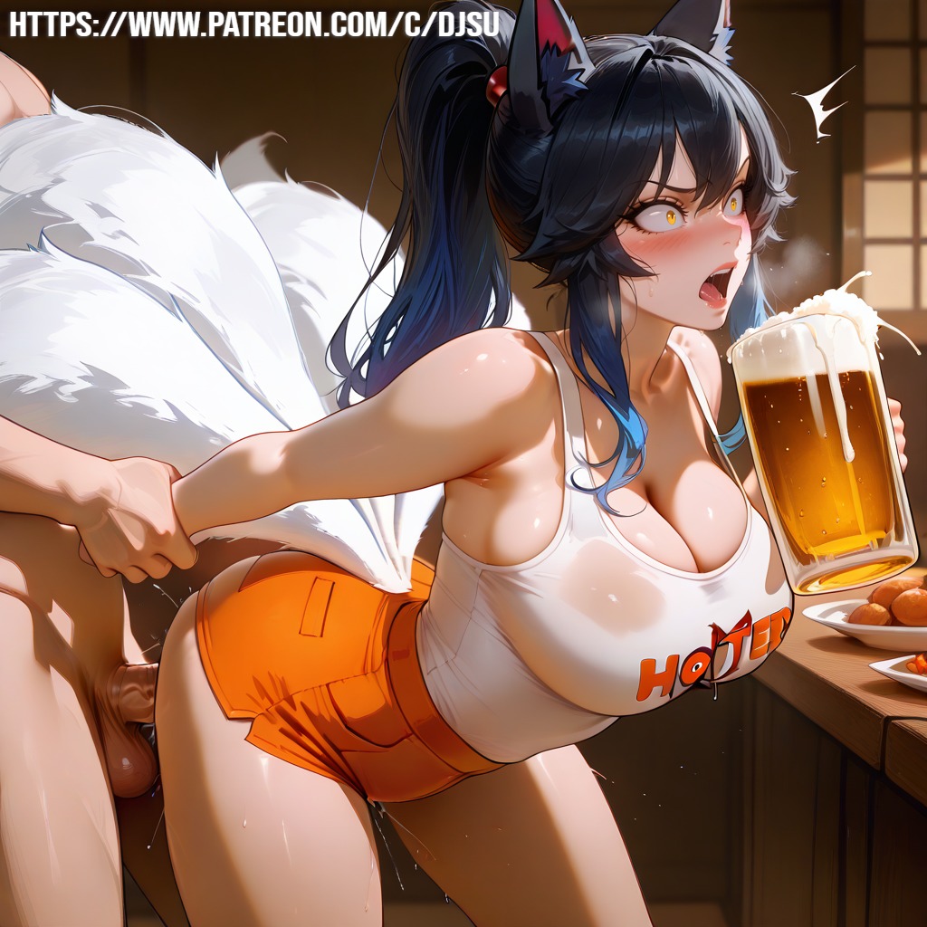 ahri, ahri (league of legends), ai generated, annoyed, beer, black hair, blush, female, fox ears, hooters, league of legends, panties aside, patreon, patreon url, sex, sex from behind, shorts