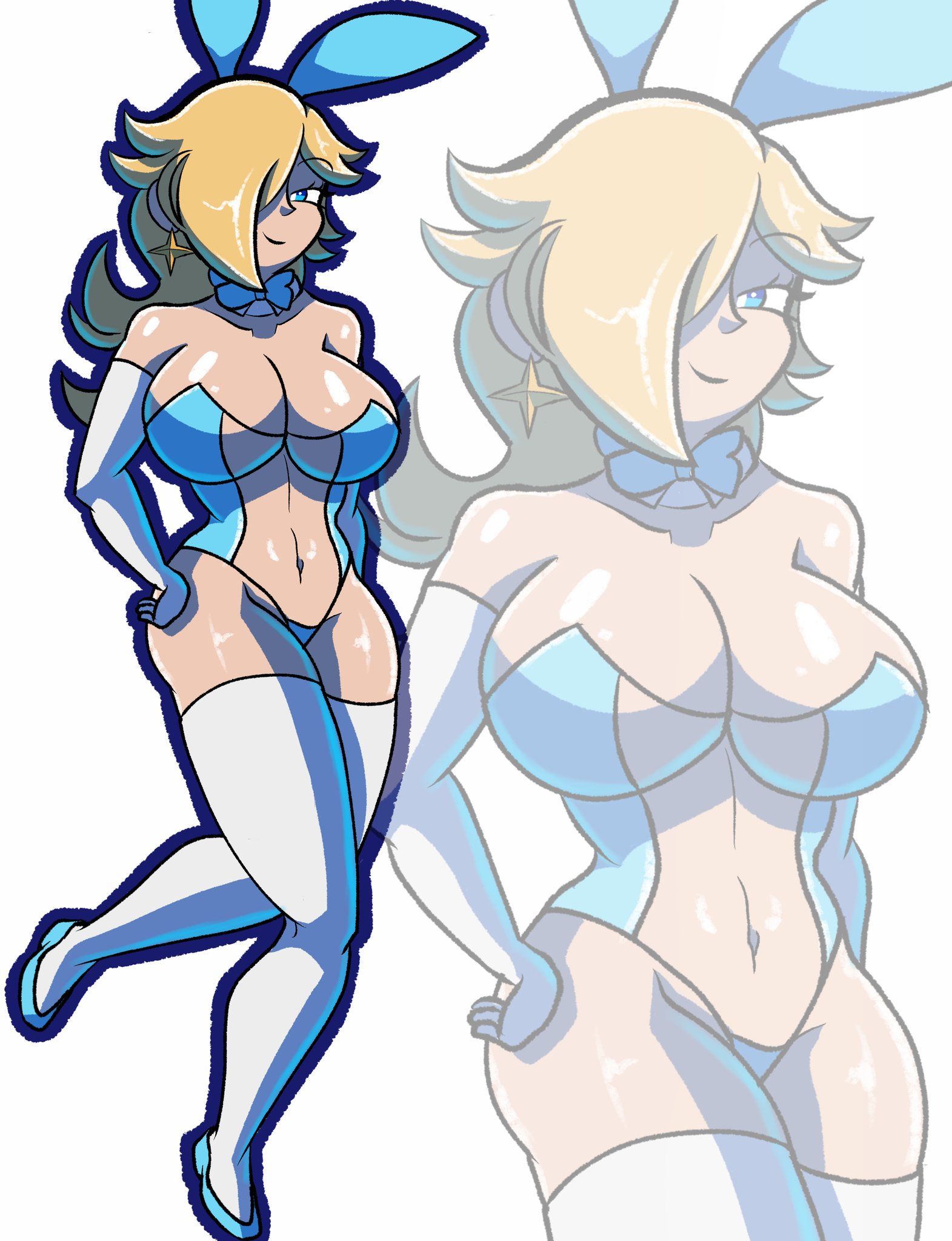 1girls, 2025, 2d, 2d (artwork), 2d artwork, arm stockings, ass, big ass, big breasts, blonde female, blonde hair, blonde-haired female, bow, bow tie, bowtie, bowtie collar, breasts, bunny ears, bunny girl, bunnysuit, clothed, clothed female, clothing, collar, dress shoes, ear piercing, earrings, female, female focus, female only, fully clothed, fully clothed female, hair over one eye, light skin, light-skinned female, mario (series), nintendo, pierced ears, piercing, piercings, platinum blonde hair, playboy bunny, princess rosalina, robveemo, solo, solo female, solo focus, star earrings, stockings, super mario bros., super mario galaxy, thick thighs, thighs
