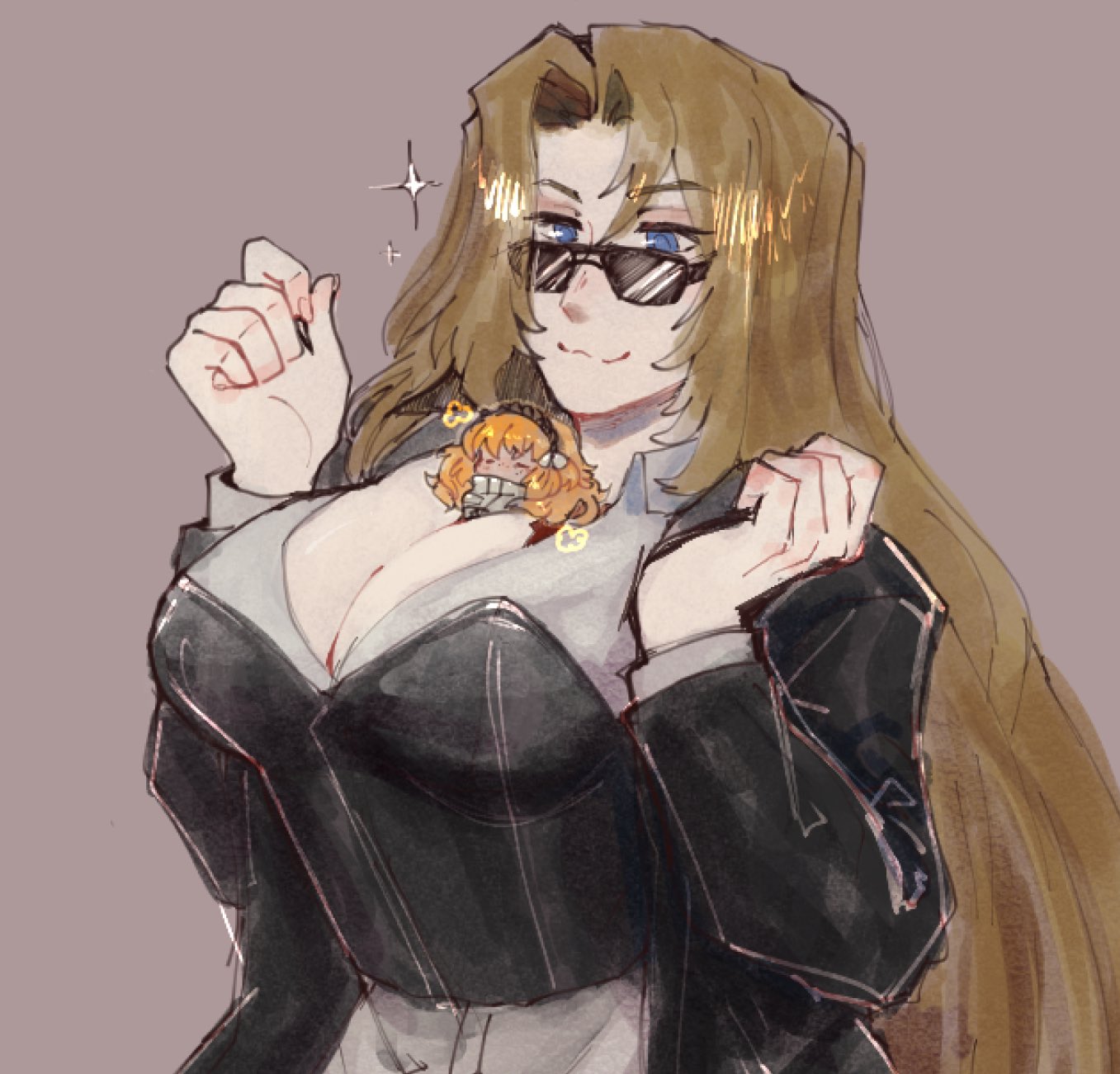 2girls, between breasts, breasts, convenient breasts, female, female only, giantess, ishmael (limbus company), kaibutsuorochi, limbus company, looking over eyewear, looking over sunglasses, micro, project moon, rodion (limbus company), size difference, sunglasses, tinted eyewear, zwei association (identity) (project moon)