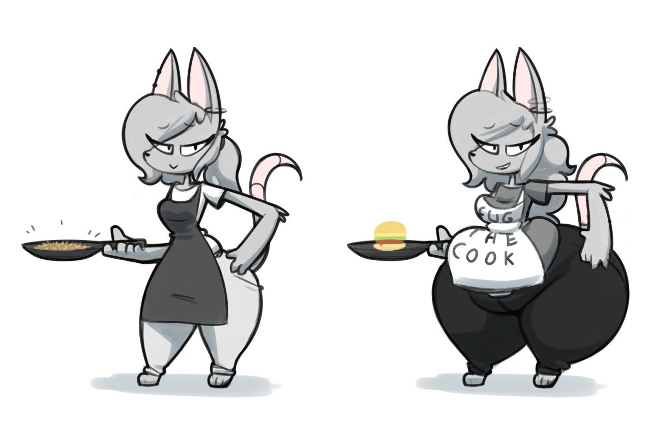 2018, anthro, apron, ass, before and after, belly, big ass, big butt, bottom heavy, breasts, burger, clothed, clothed anthro, clothed female, clothing, cookware, dialogue, digital media (artwork), elisa (maddeku), english description, english text, fancy rat, female, female anthro, food, frying pan, fur, grey body, grey ears, grey fur, grey hair, hair, huge ass, huge butt, huge hips, huge thighs, hyper, hyper ass, hyper butt, hyper hips, hyper thighs, kiss the cook, kitchen utensils, looking at viewer, maddeku, mammal, murid, murine, overweight, overweight anthro, overweight female, pink inner ear, pink tail, profanity, rat, rattiesteps, rice, rodent, solo, tail, text, text on apron, text on clothing, thick thighs, tools, weight gain, wide hipped anthro, wide hipped female, wide hips