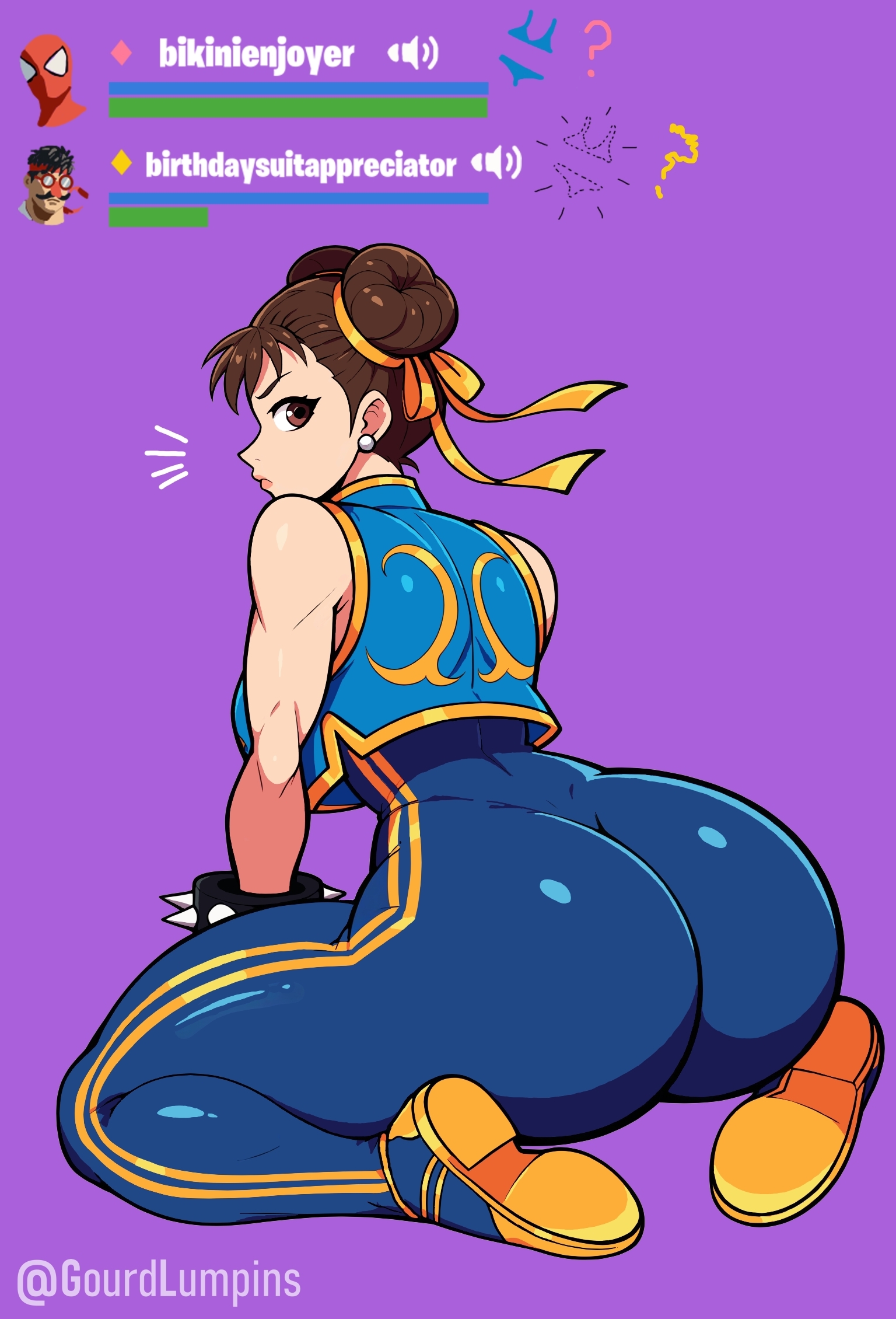 ai generated, ass, bodysuit, bodysuit under clothes, bracelet, brown eyes, brown hair, chun-li, chun-li (fortnite), crop top, double bun, earrings, female, fit female, fortnite, gourdlumpins, hair ribbon, hud, huge ass, kneeling, leaning forward, lips, looking back, marvel, marvel comics, on knees, ryu (street fighter), shoes, sneakers, spider-man, spiked bracelet, street fighter