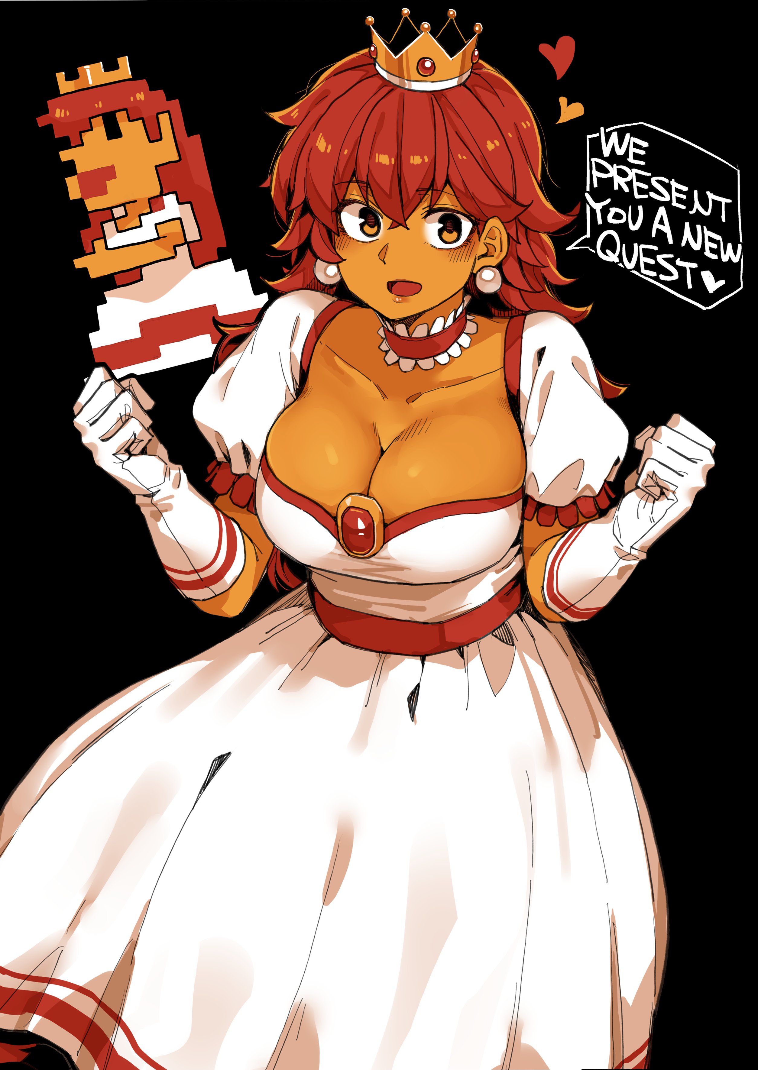 1girls, big breasts, breasts, brown eyes, choker, cleavage, clenched fist, crown, dark skin, dress, earrings, english text, female, fists clenched, fully clothed, gloves, iamtadekawa, long hair, looking at viewer, mario (series), pearl earrings, princess peach, princess toadstool, red hair, solo, speech bubble, super mario bros., tadd (tatd), white dress, white gloves