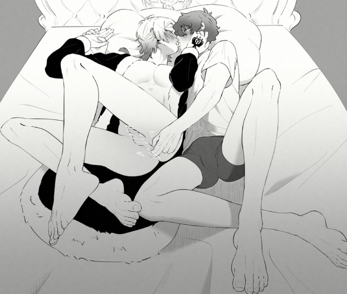 2boys, abs, alexis ness, ass focus, asshole, blue lock, blush, clothed, clothed/nude, erect penis, erection, femboy, femboydom, fingering, fingering ass, fingering partner, fingers, gay, holding hands, kaiser michael, kissing, kissing while fingering, male, michael kaiser, on bed, open robe, pecs, penis, robe, tattoo, two fingers in anus, two tone hair, wholesome, yaoi