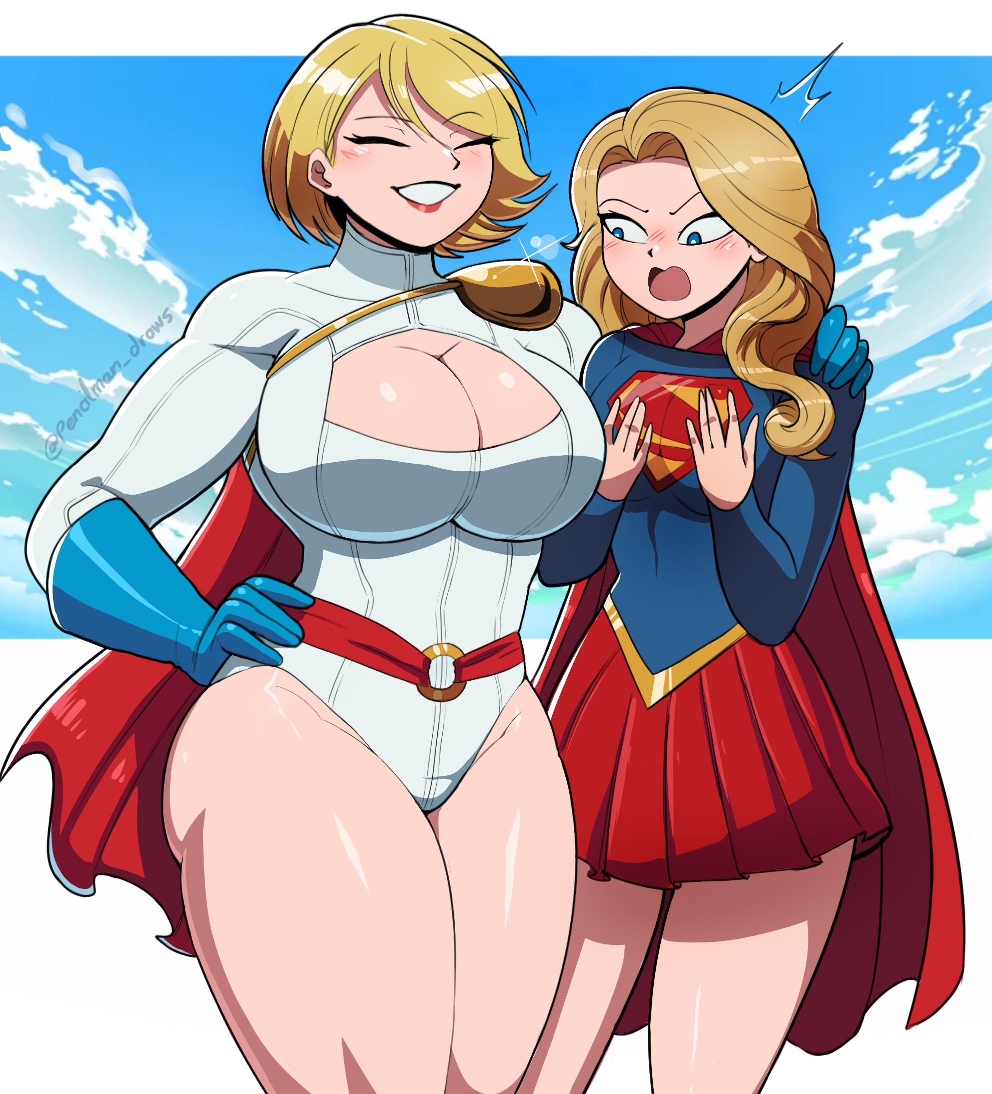 2girls, absurd res, big breasts, blonde hair, boob envy, breast envy, breasts, cape, cleavage, cleavage cutout, clothing cutout, dc, dc comics, female, female only, girl staring at girl's chest, hairband, high res, huge breasts, kal-el, kryptonian, long hair, multiple females, multiple girls, pencilman, pencilman draws, power girl, short hair, smile, supergirl, superheroine, superman (series), thick thighs, tight clothing, wide hips