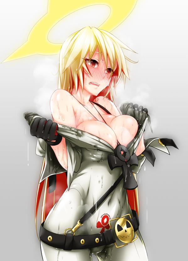 ankh arc_system_works belt blonde_hair blush bodysuit breasts cleavage cross_necklace female full-face_blush gloves guilty_gear guilty_gear_xrd guilty_gear_xrd:_revelator halo jack-o'_valentine large_breasts long_hair multicolored_hair open_mouth red_eyes red_hair shiny shiny_clothes shiny_skin solo steam sweat un undressing very_long_hair