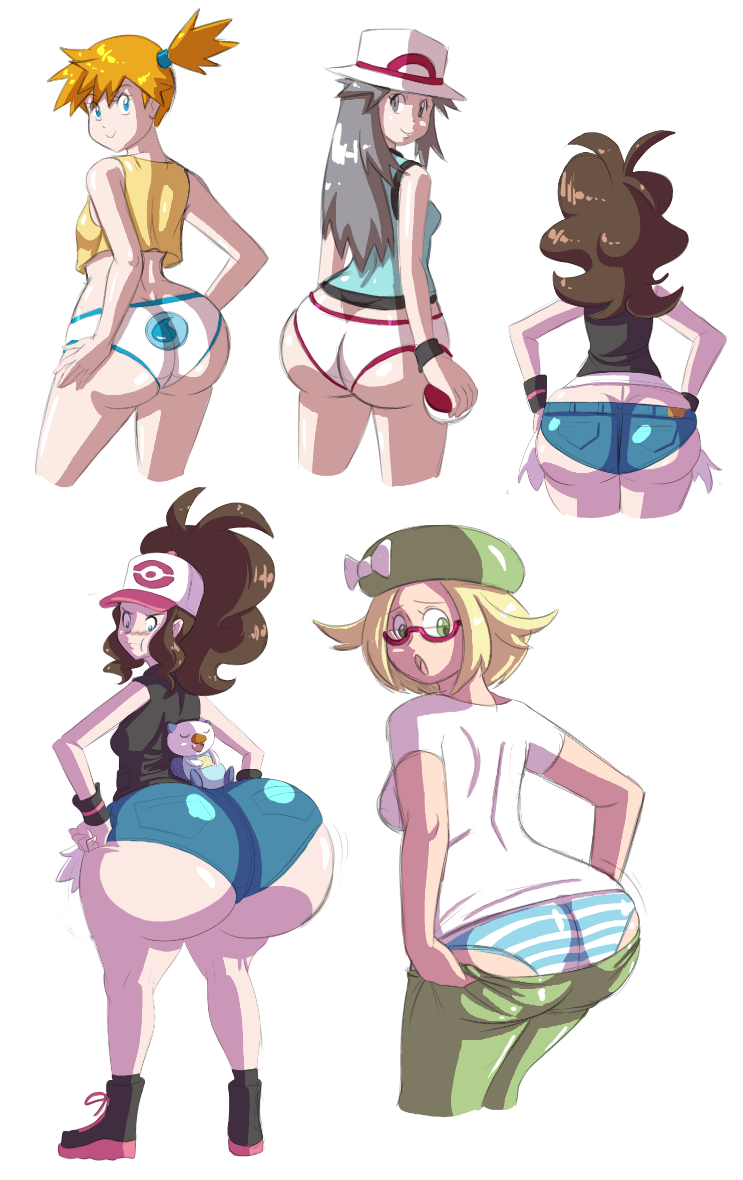 4girls, alternate ass size, ass, ass cleavage, ass crack, ass hole, axel-rosered, bianca (pokemon), big ass, big butt, blonde hair, blue eyes, blue striped panties, boots, booty shorts, bottom heavy, breasts, brown hair, butt crack, fat ass, female, female only, glasses, green eyes, gym leader, hat, hilda (pokemon), huge ass, huge butt, human, human only, jeans, kasumi (pokemon), laced boots, leaf (pokemon), looking back, misty (pokemon), multiple females, multiple girls, nintendo, orange hair, oshawott, panties, pants, pokemon, pokemon (species), pokemon bw2, pokemon frlg, pokemon rgby, pokemon trainer, shimapan, short shorts, shorts, small breasts, striped panties, thick thighs, wide hips